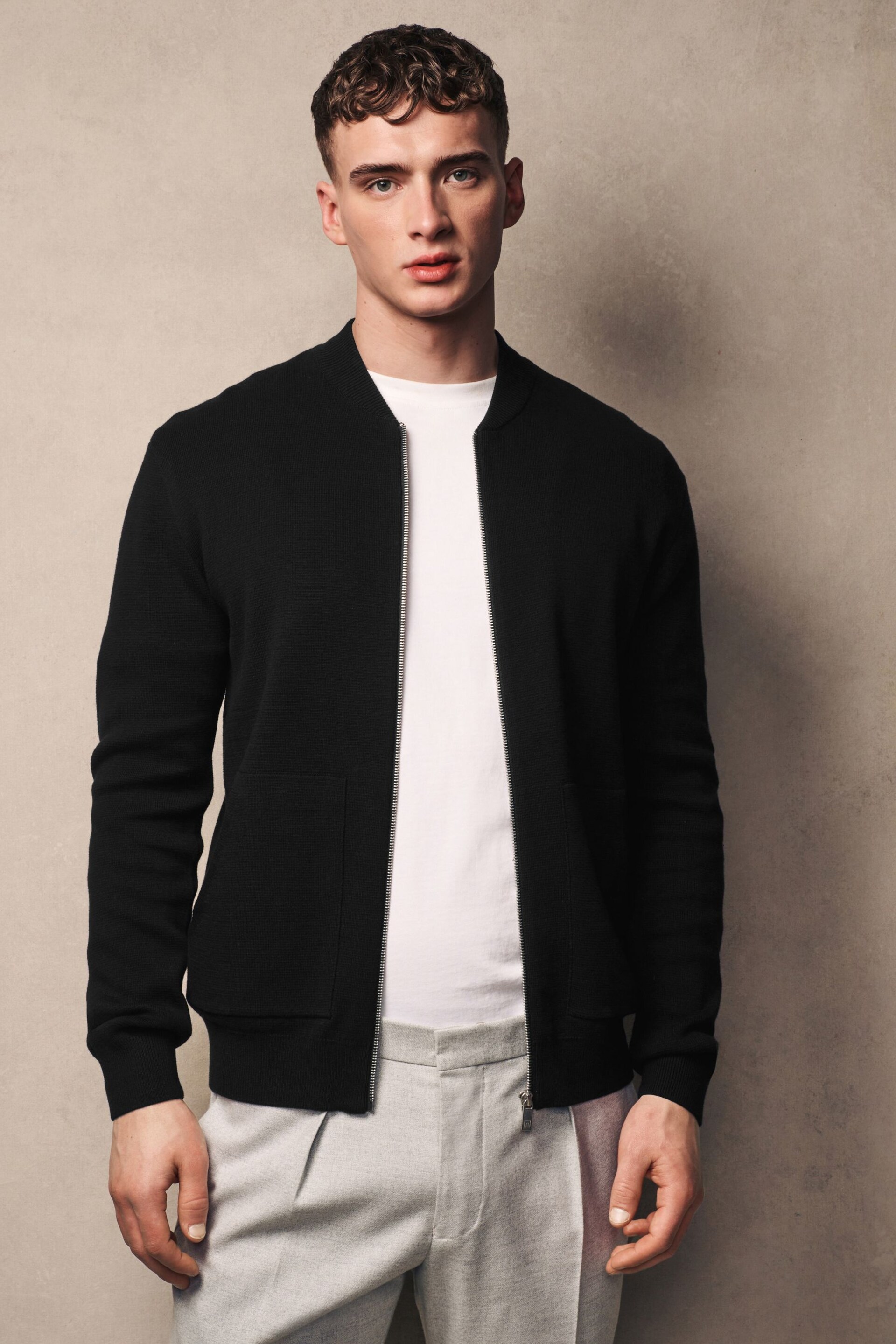 Black Bomber Zip Through Knitted Premium Regular Fit Jumper - Image 4 of 9