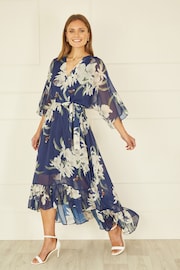 Yumi Blue Floral Print Kimono Midi Wrap Dress - Image 1 of 3