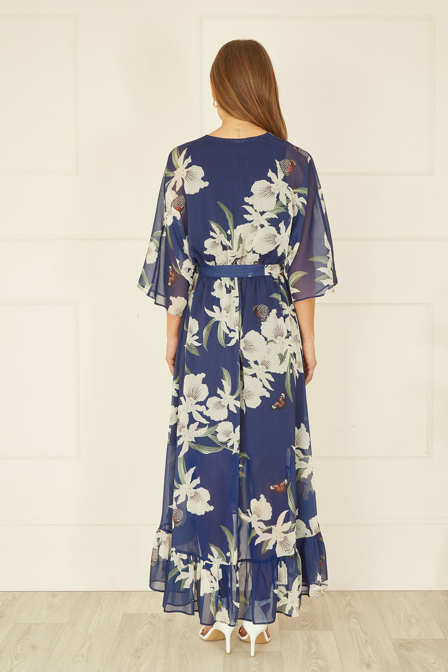 Buy Yumi Navy Blue Floral Kimono Sleeves Dip Hem Wrap Midi Dress from Next USA