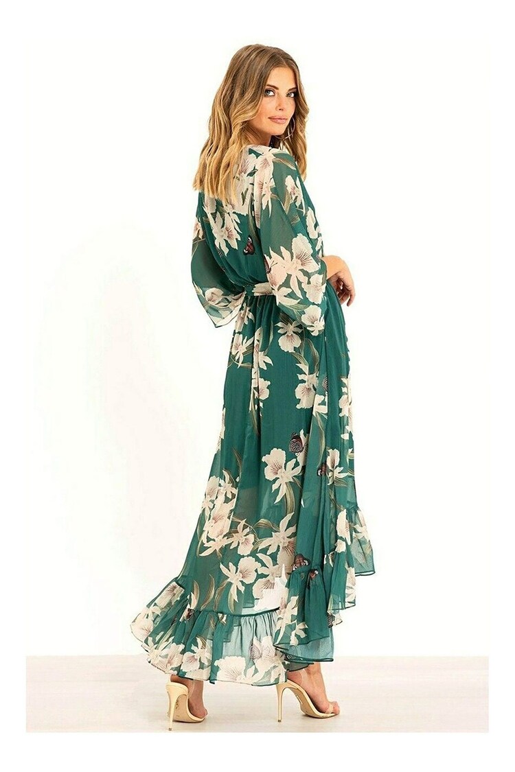 Buy Yumi Forest Green Floral Kimono Sleeves Dip Hem Wrap Midi Dress ...