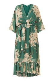 Yumi Forest Green Floral Kimono Sleeves Dip Hem Wrap Midi Dress - Image 4 of 4