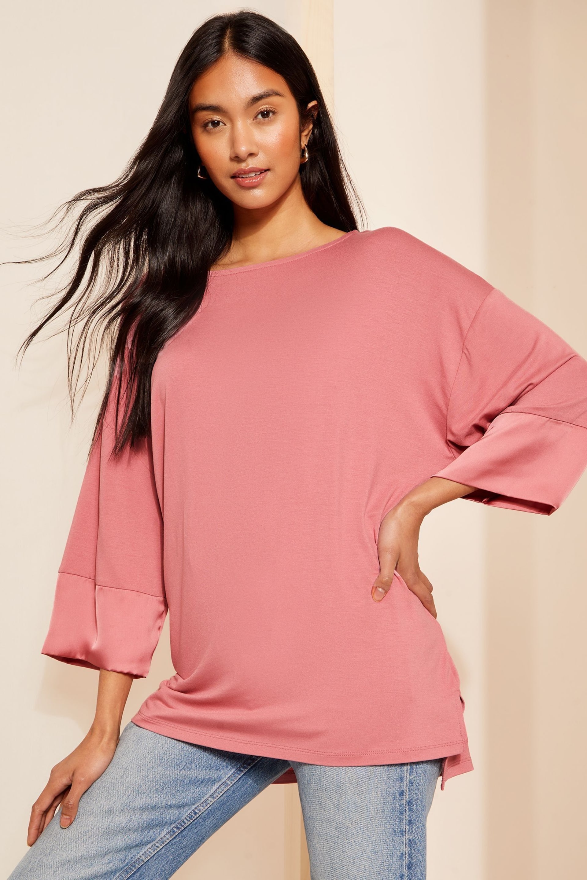 Friends Like These Pink Soft Jersey Long Sleeve Satin Trim Tunic Top - Image 1 of 4