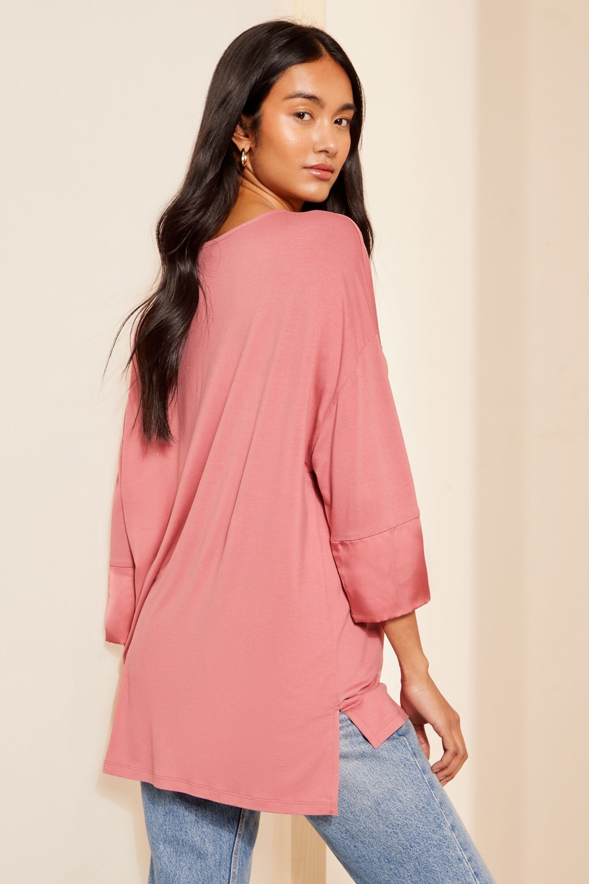 Friends Like These Pink Soft Jersey Long Sleeve Satin Trim Tunic Top - Image 4 of 4