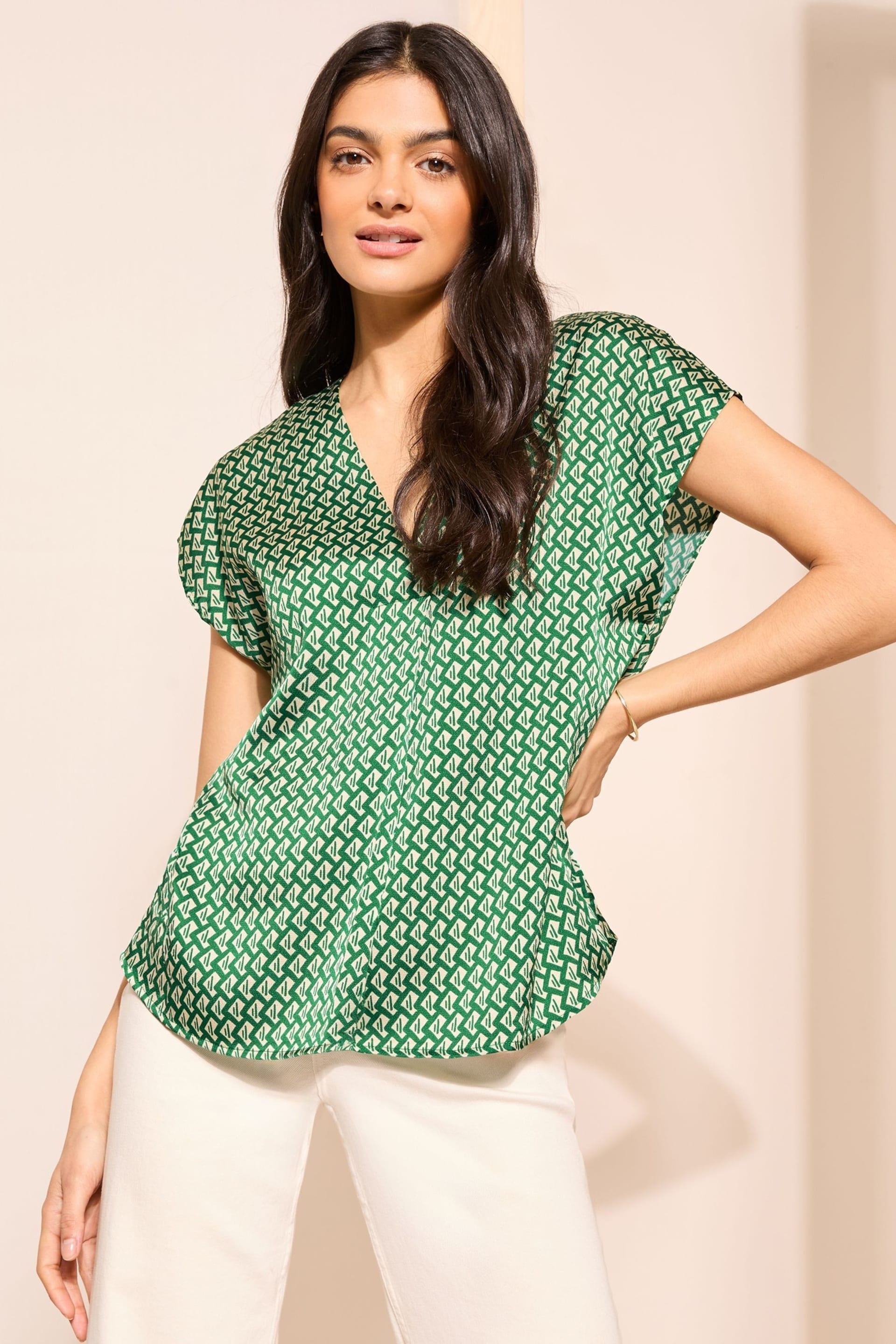 Friends Like These Green Short Sleeve V Neck Woven Blouse - Image 2 of 4