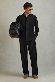 Reiss Black Icon Plisse Cuban Collar Shirt - Image 1 of 5