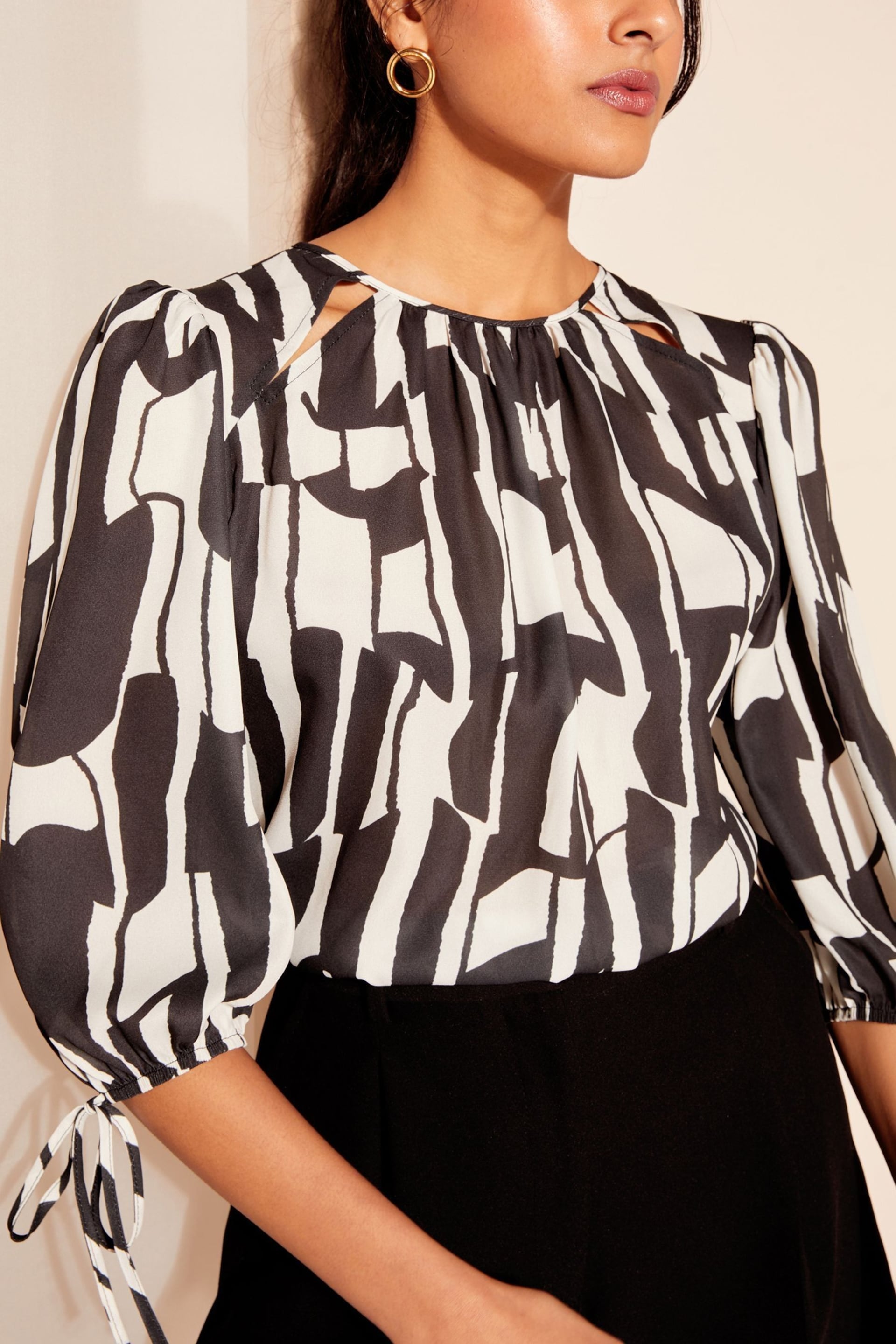 Friends Like These Black/White 3/4 Sleeve Chiffon Tie Cuff Blouse - Image 1 of 4