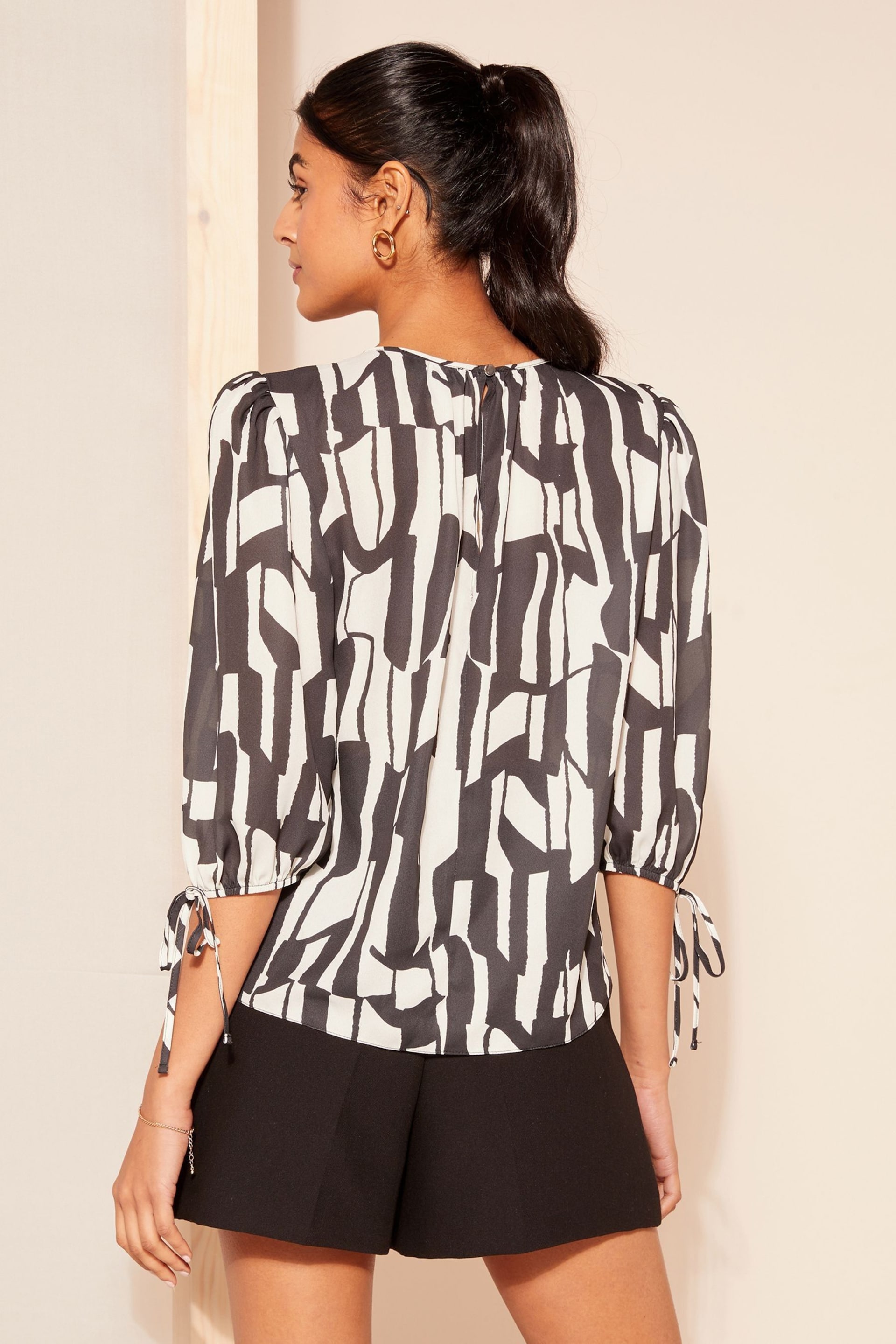 Friends Like These Black/White 3/4 Sleeve Chiffon Tie Cuff Blouse - Image 4 of 4