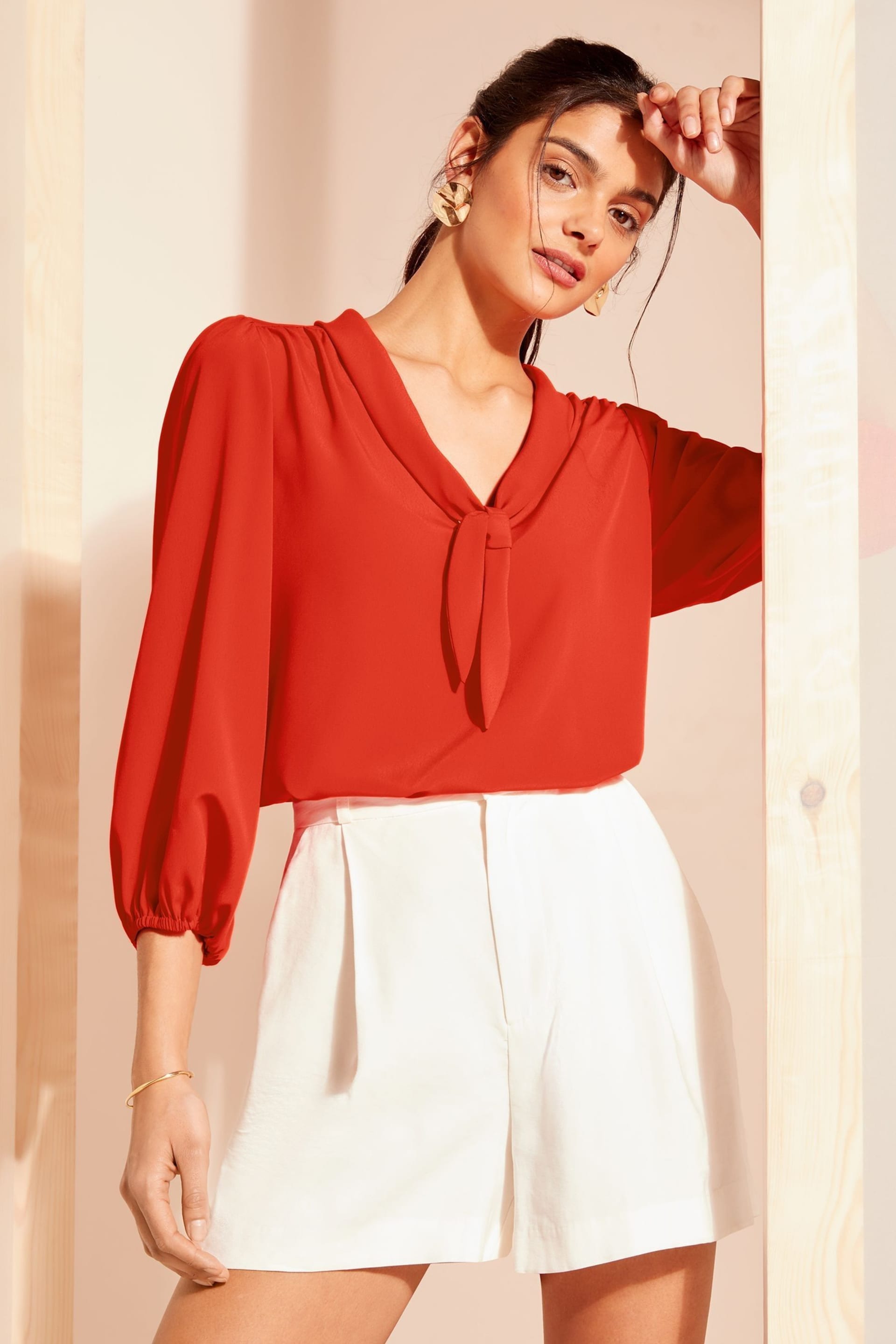 Friends Like These Red V Neck Bow Front 3/4 Sleeve Blouse - Image 1 of 3