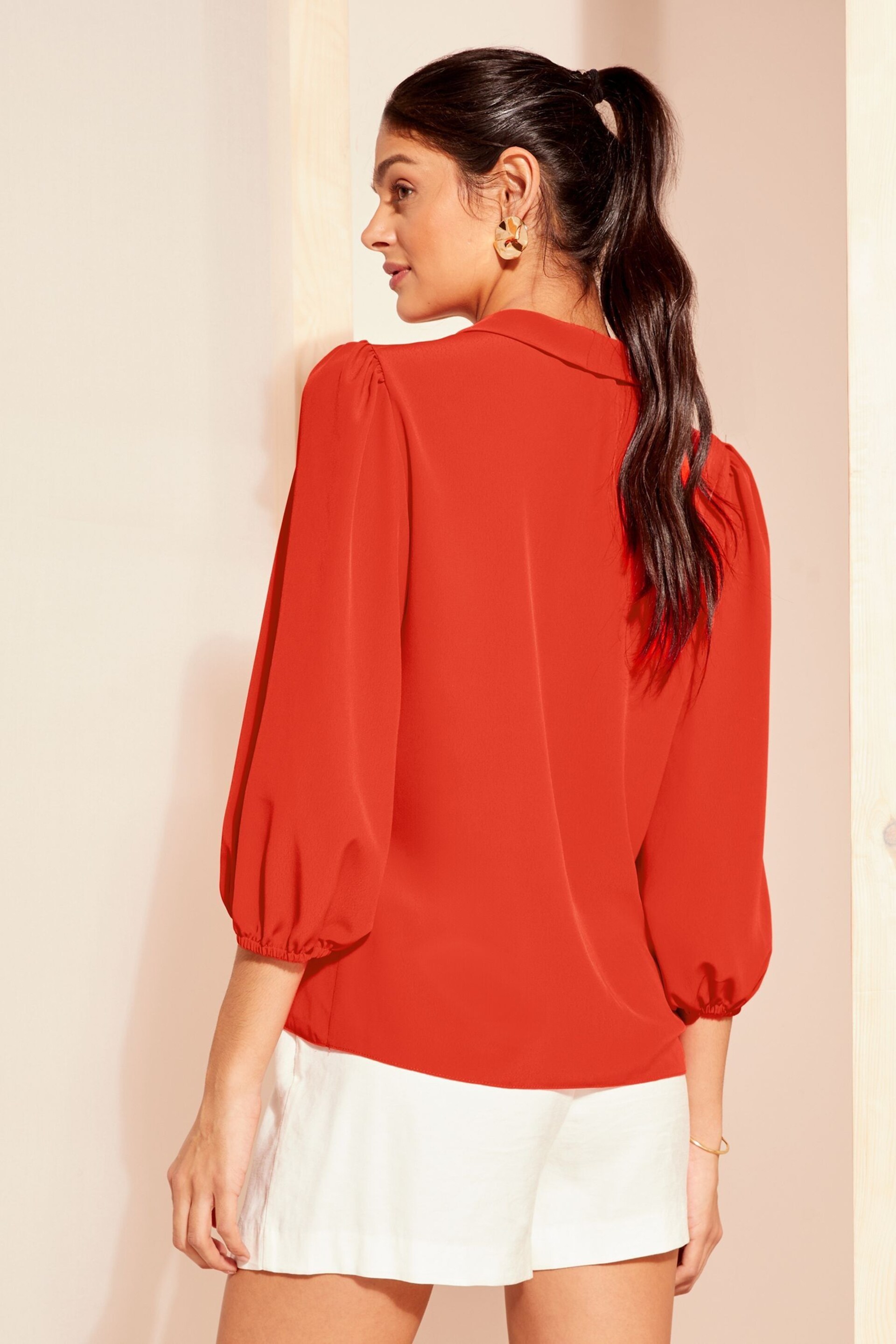 Friends Like These Red V Neck Bow Front 3/4 Sleeve Blouse - Image 3 of 3
