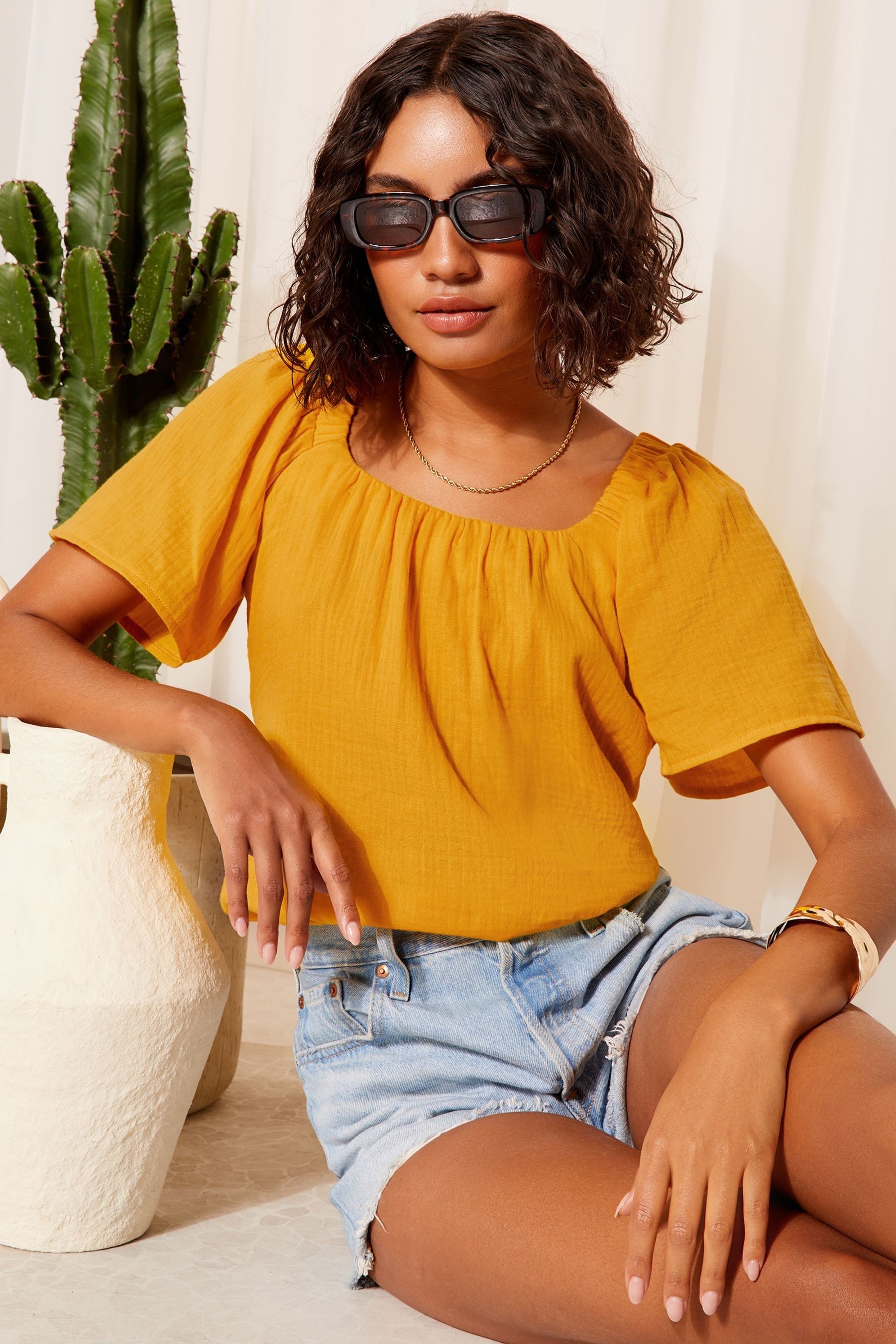 Buy Friends Like These Yellow Square Neck Flutter Sleeve Blouse from the Next UK online shop