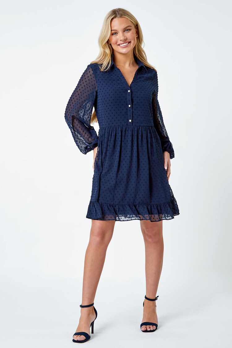 Roman Blue Textured Spot Tiered Frill Hem Dress - Image 2 of 5