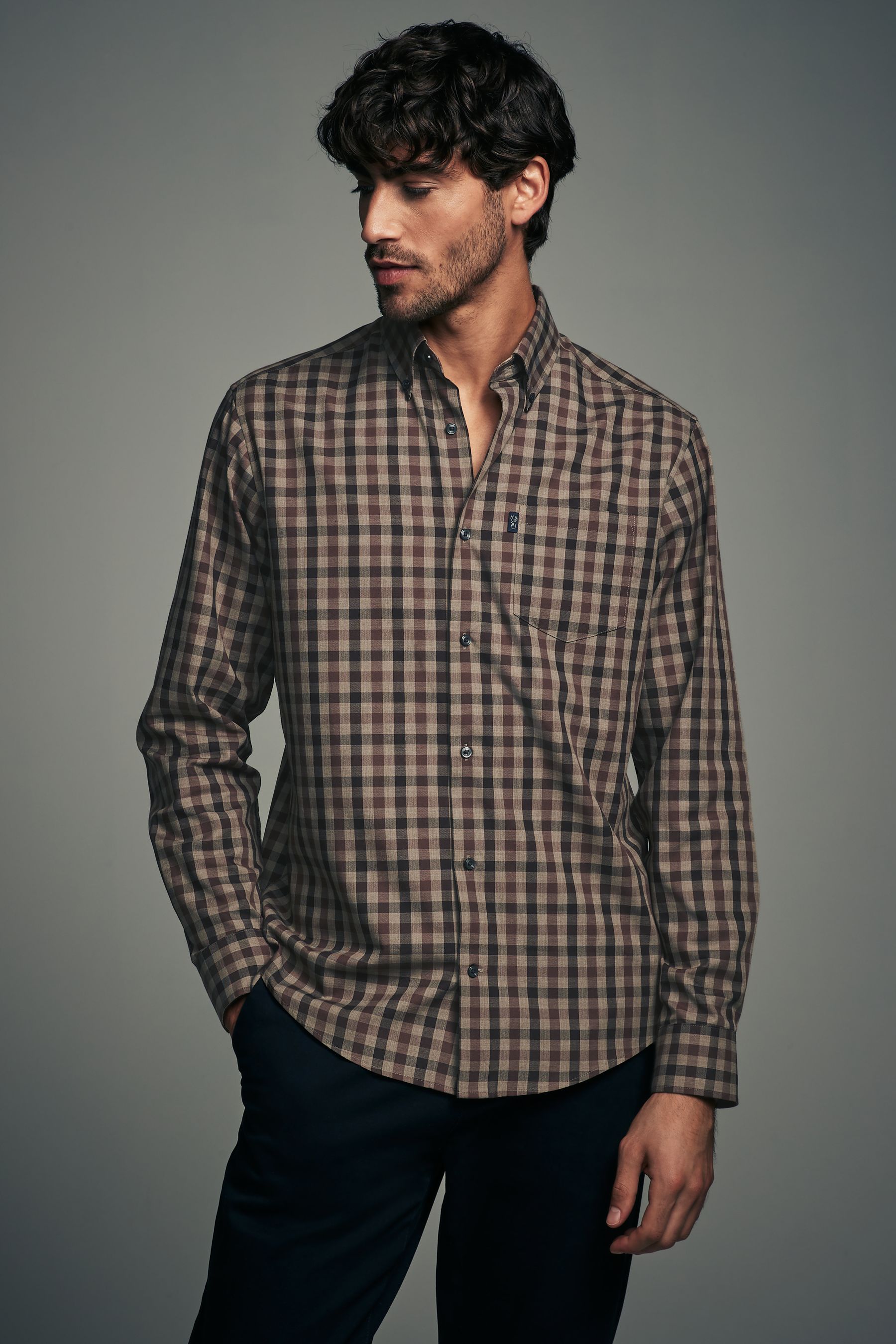 Brown gingham dress shirt top