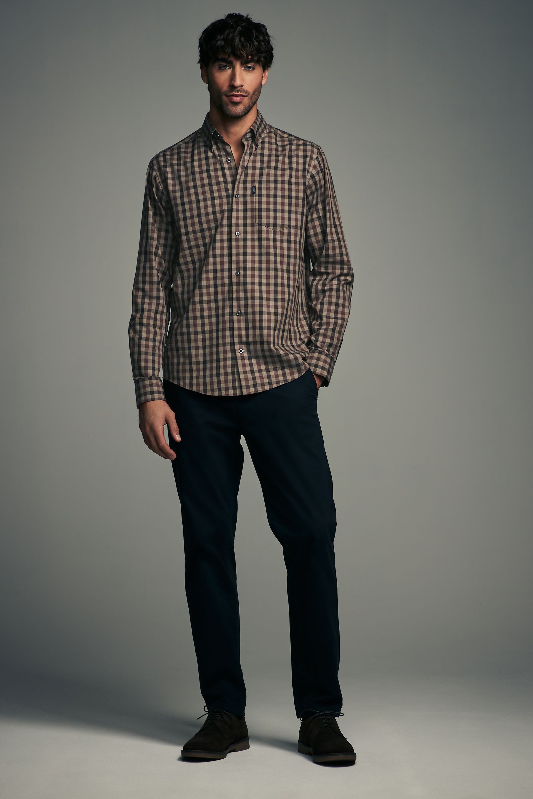 Buy Brown Gingham Regular Fit Easy Iron Button Down Oxford Shirt from the Next UK online shop