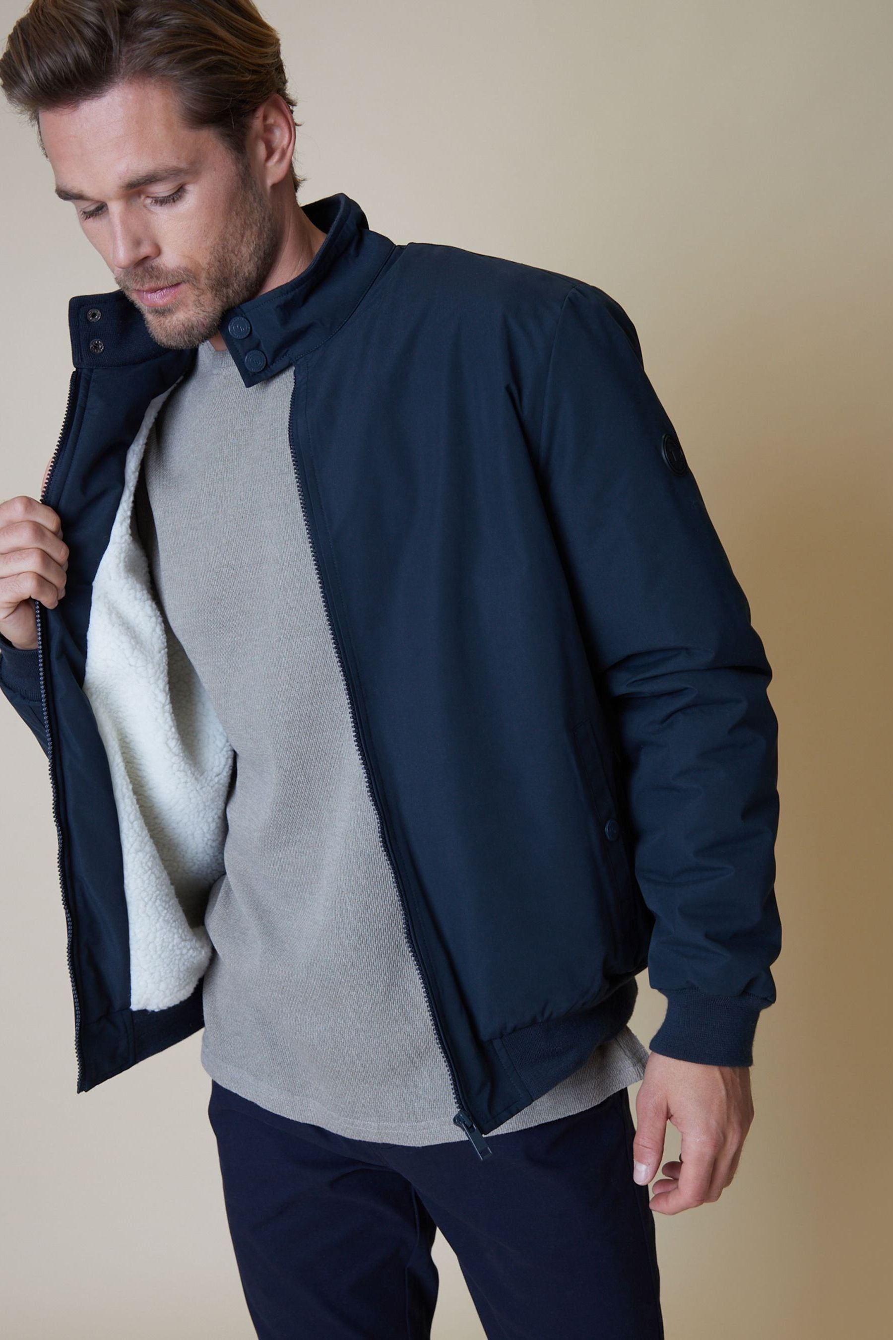 Threadbare Navy Showerproof Borg Lined Harrington Jacket
