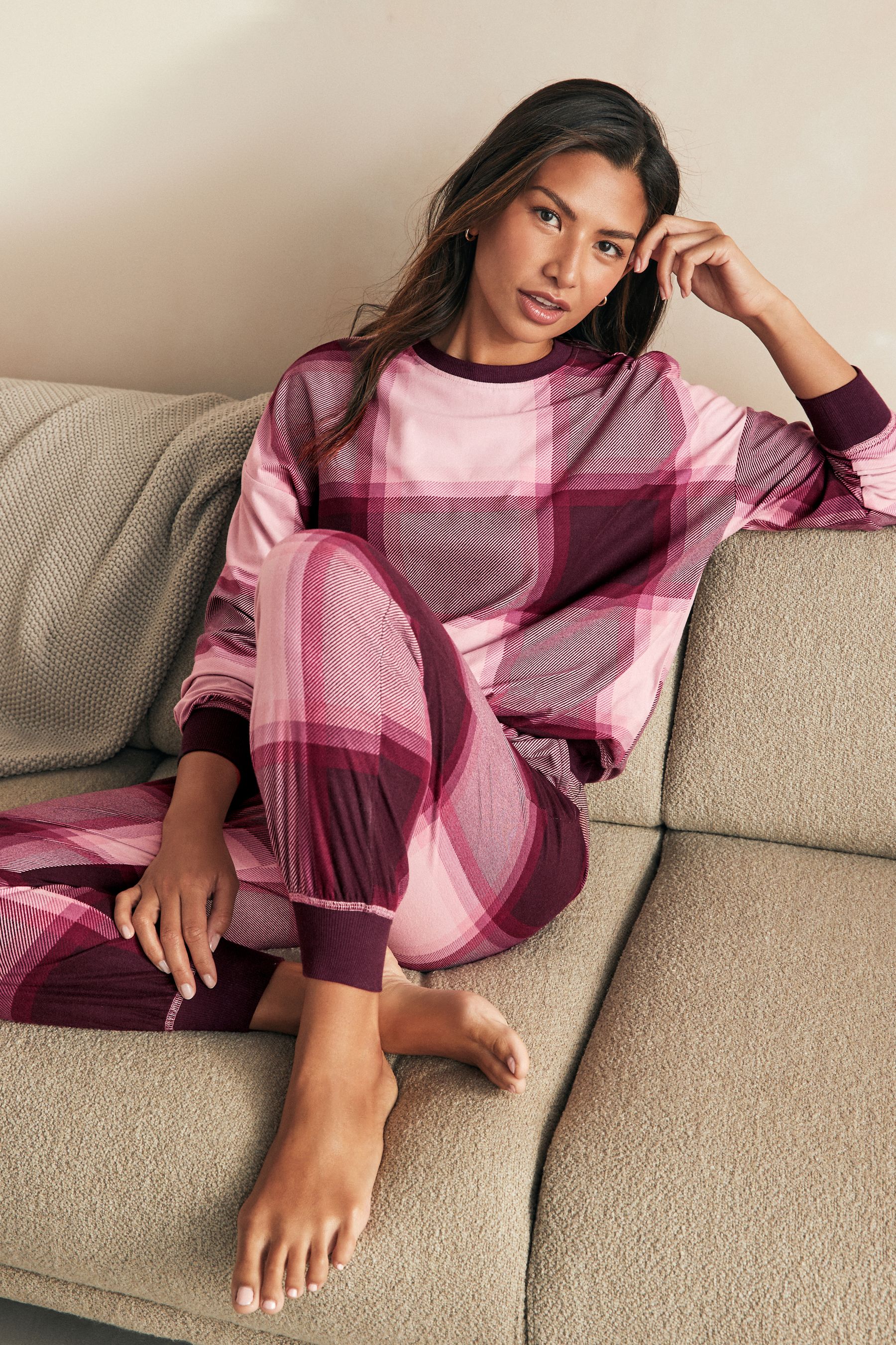 Buy Rouge baie a carreaux Cosy Long Sleeve Pyjamas from Next Luxembourg