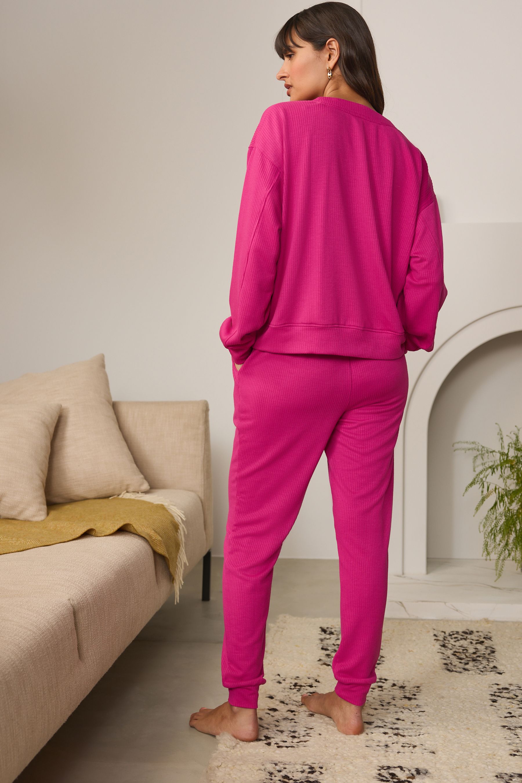 Buy Pink Ribbed Long Sleeve Pyjamas from Next United Arab Emirates