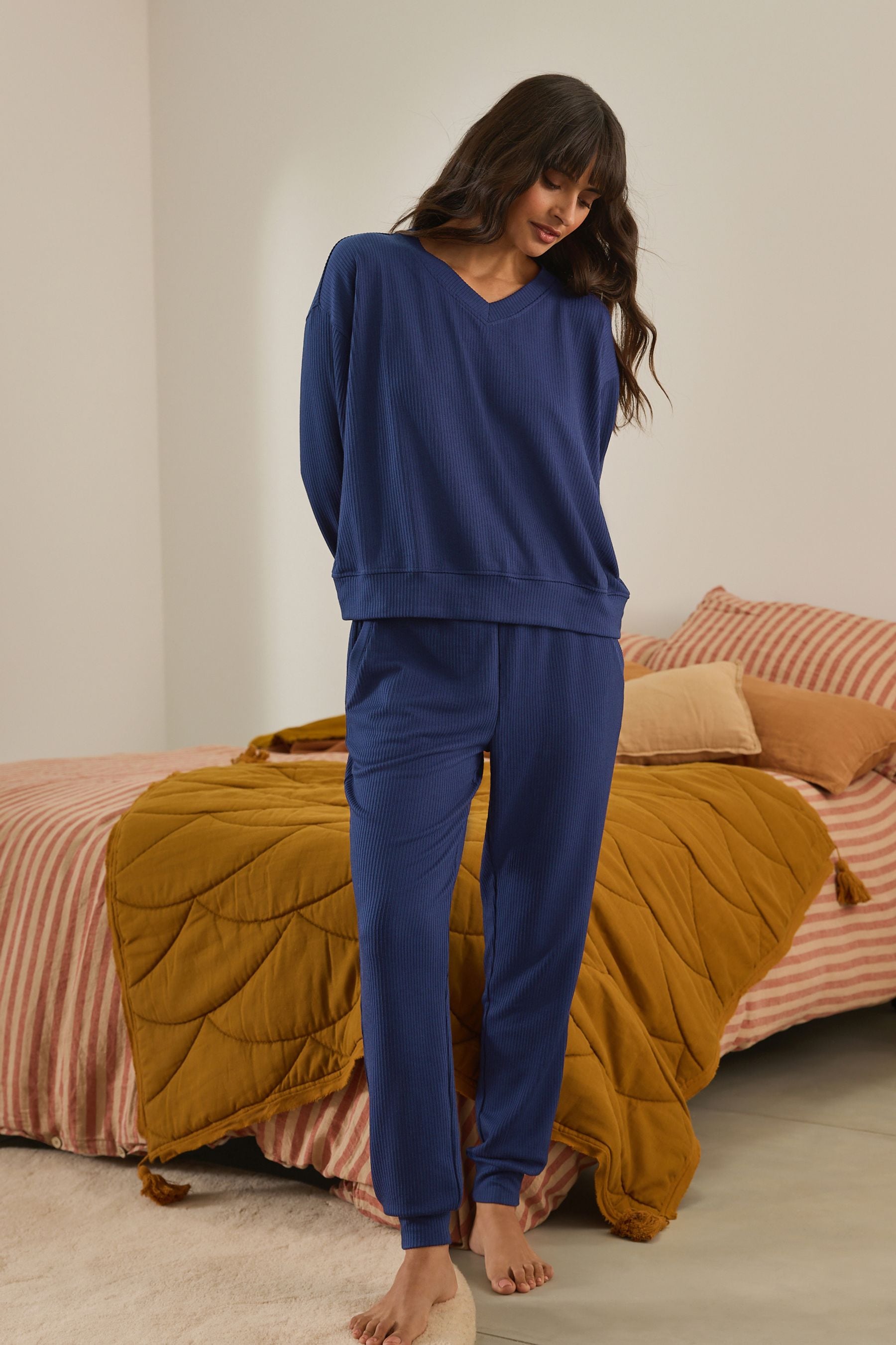 Buy Cobalt Blue Ribbed Long Sleeve Pyjamas from the Next UK online shop