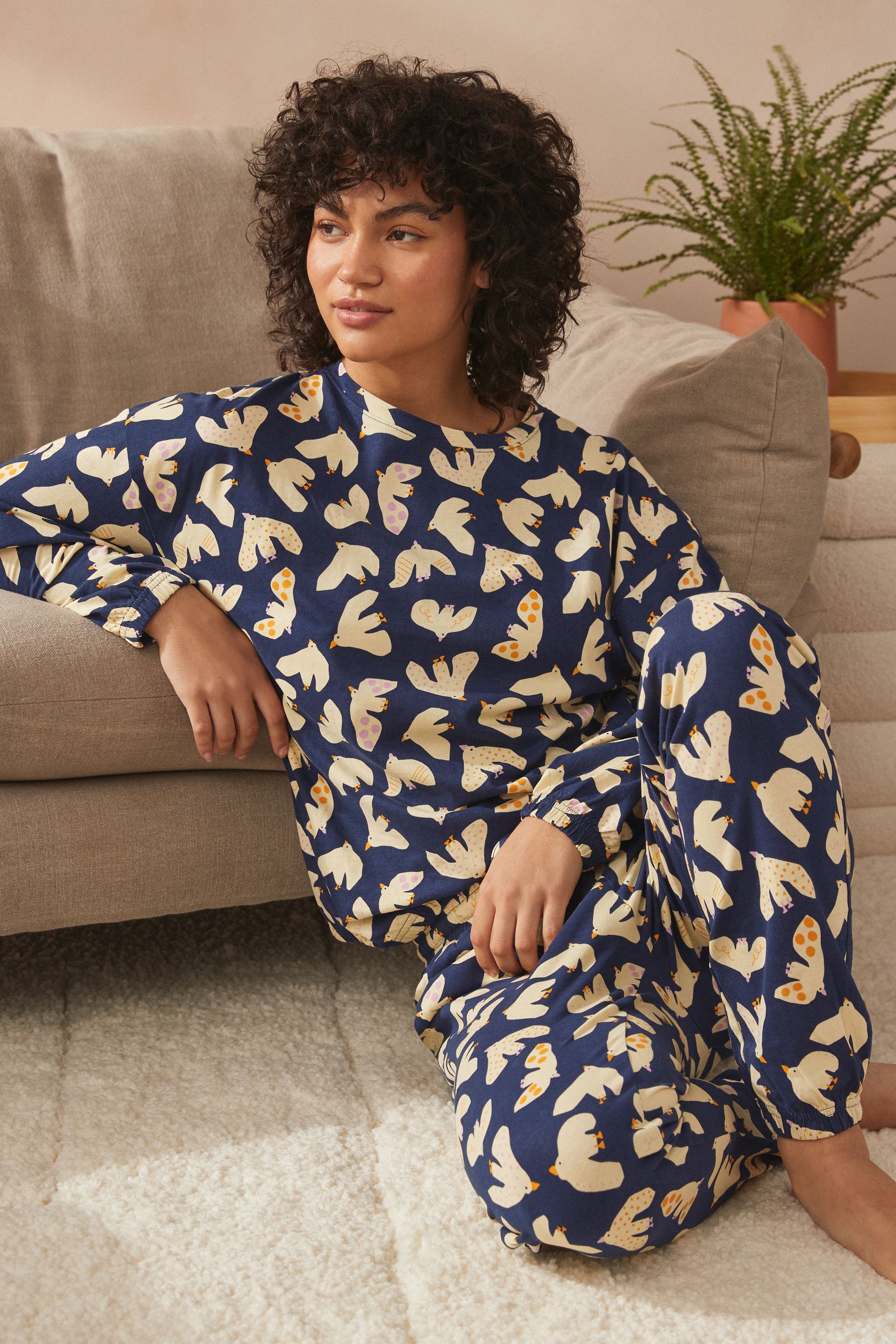 Buy Navy Blue Birds 100 Cotton Long Sleeve Pyjamas from Next Kazakhstan