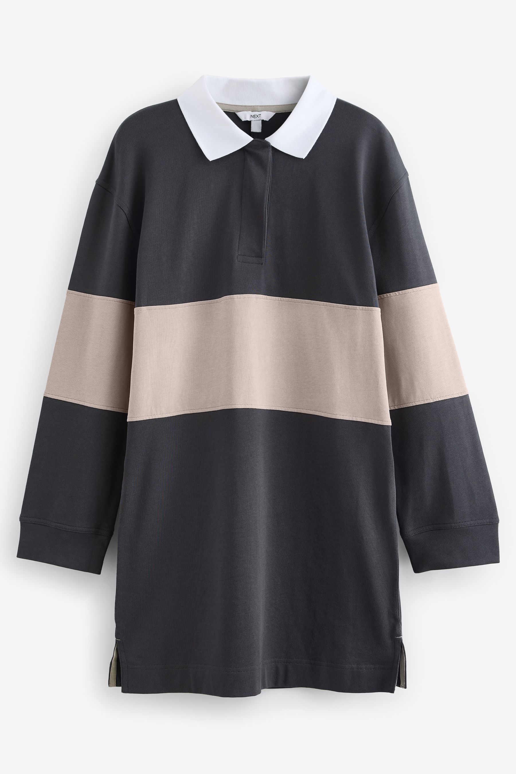 Next Charcoal Black and Nude Contrast Stripe 100 Cotton Long Sleeve Mini Rugby Shirt Dress