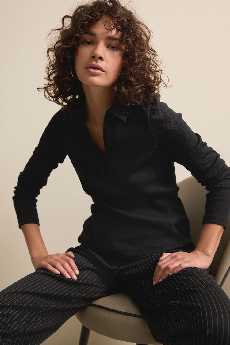 Black Long Sleeve Collared Zip Top - Image 1 of 3