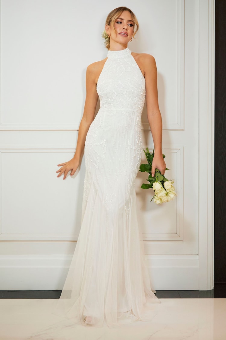 Sistaglam White Bridal Halterneck White Beaded Flowy Maxi Dress - Image 1 of 4