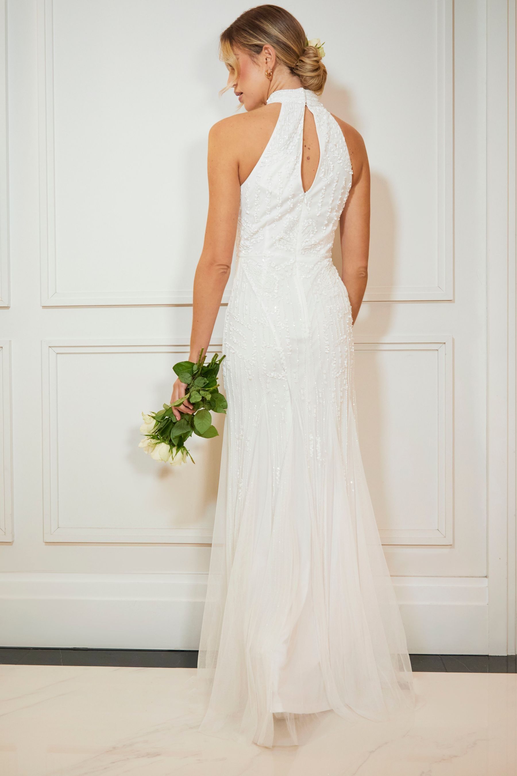 Buy Sistaglam White Bridal Halterneck White Beaded Flowy Maxi Dress from Next South Africa