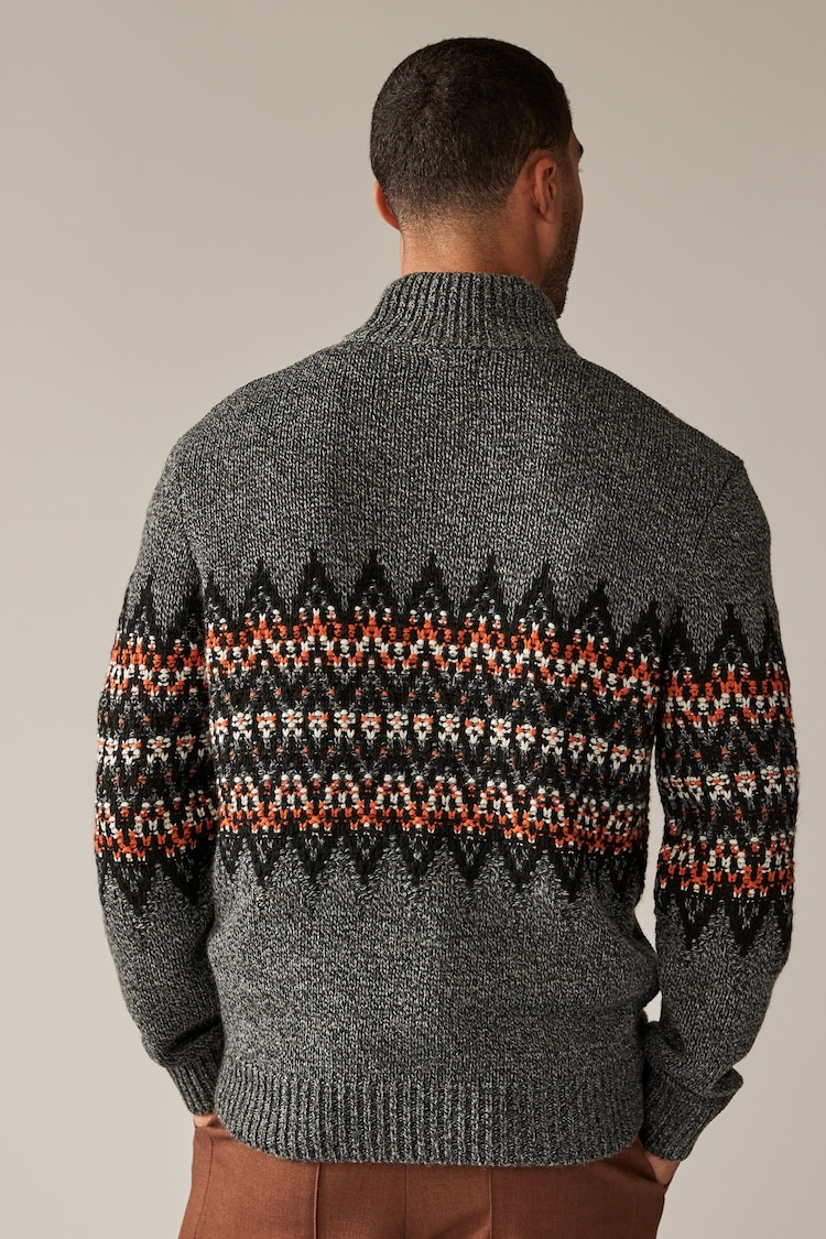 Grey Zip Neck Regular Fit Fairisle Pattern Jumper with Wool - Image 2 of 7