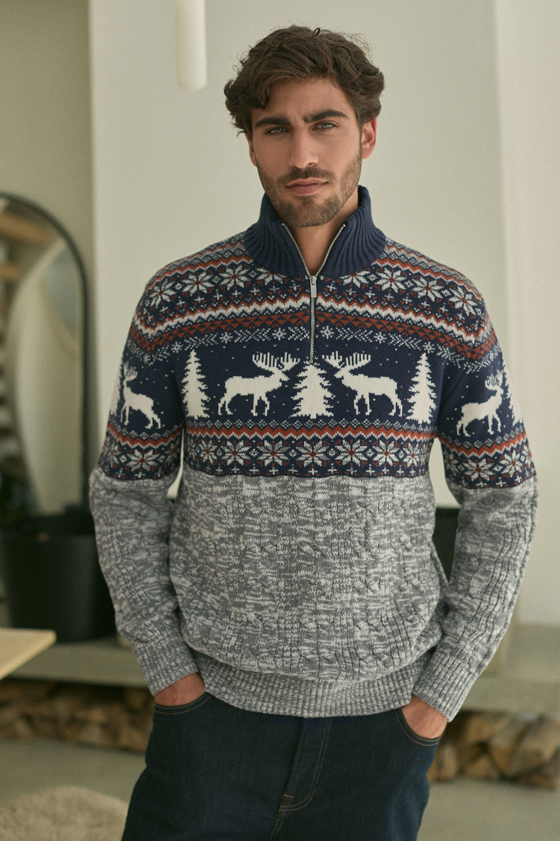 Buy Navy Blue Grey Reindeer Zip Neck Regular Fit Christmas Jumper from Next Oman