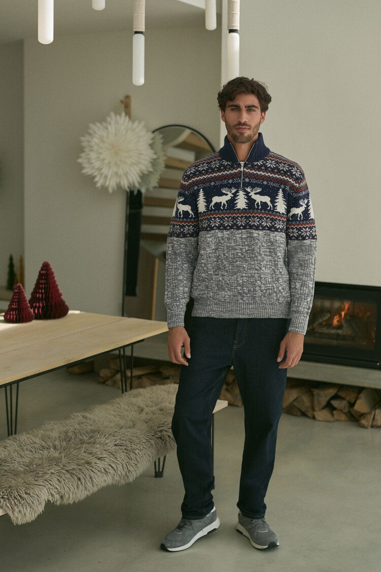 Buy Navy Blue/Grey Reindeer Zip Neck Regular Fit Cotton Rich Christmas