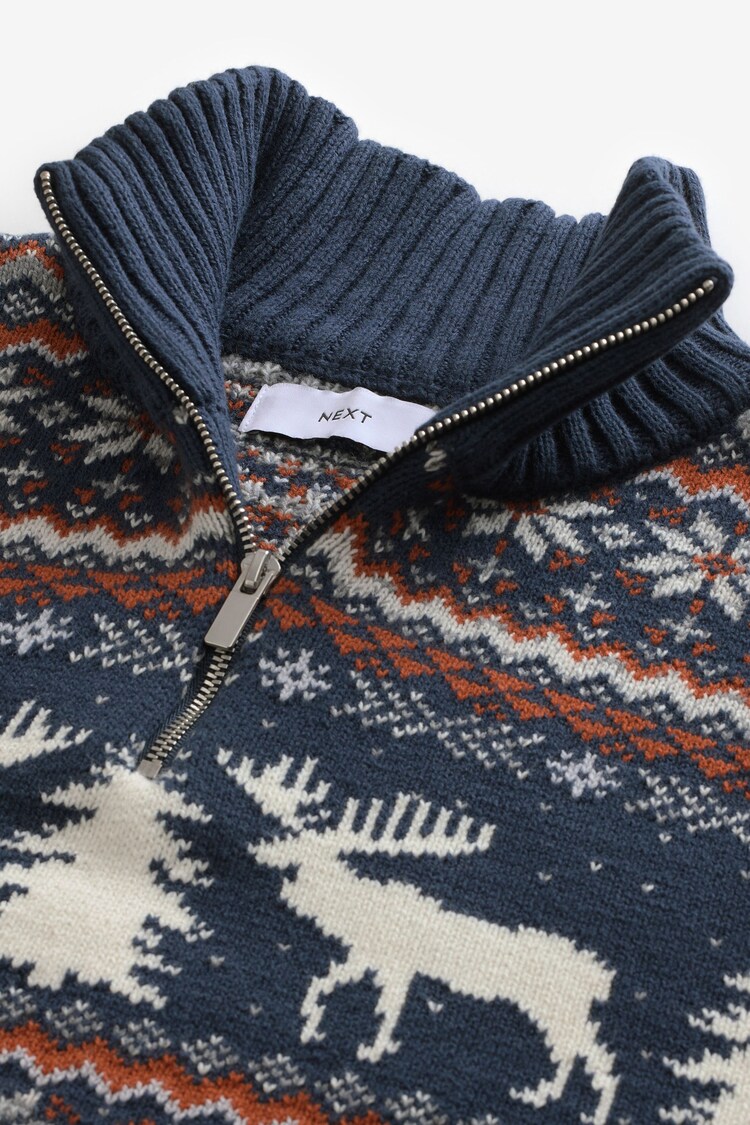 Buy Navy Blue/Grey Reindeer Zip Neck Regular Fit Cotton Rich Christmas