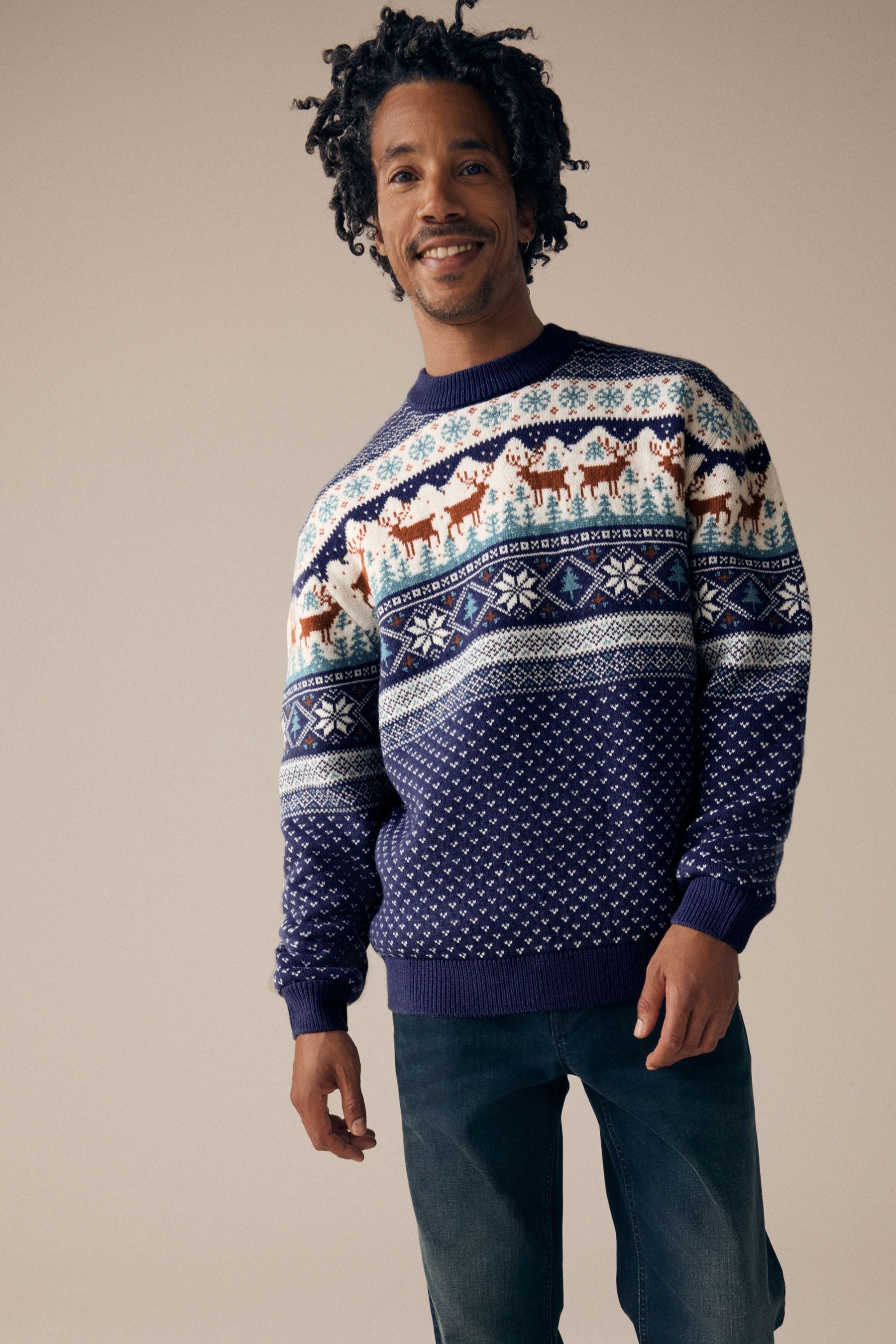Buy Navy Blue Crew Neck Mens Matching Family Christmas Fairisle Pattern Reindeer Jumper from the Next UK online shop