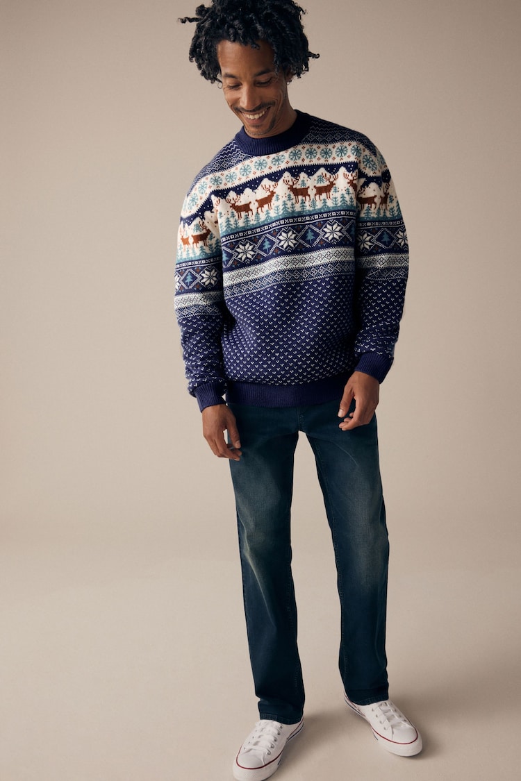 Brown/Navy Blue Crew Neck Regular Fit Christmas Jumper - Image 2 of 4