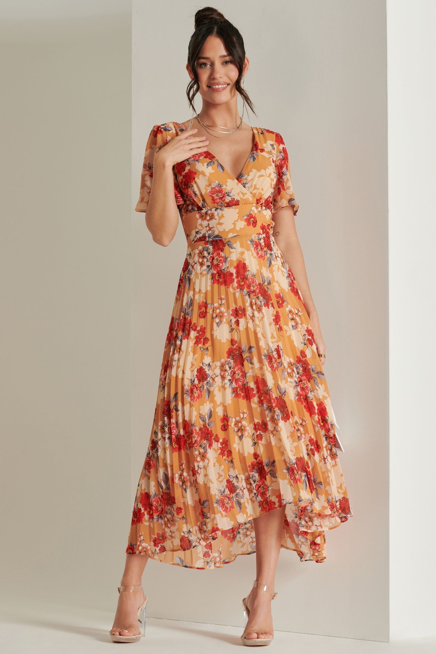 Buy Jolie Moi Orange Red Floral Pleated Dip Hem Chiffon Maxi Dress from the Next UK online shop