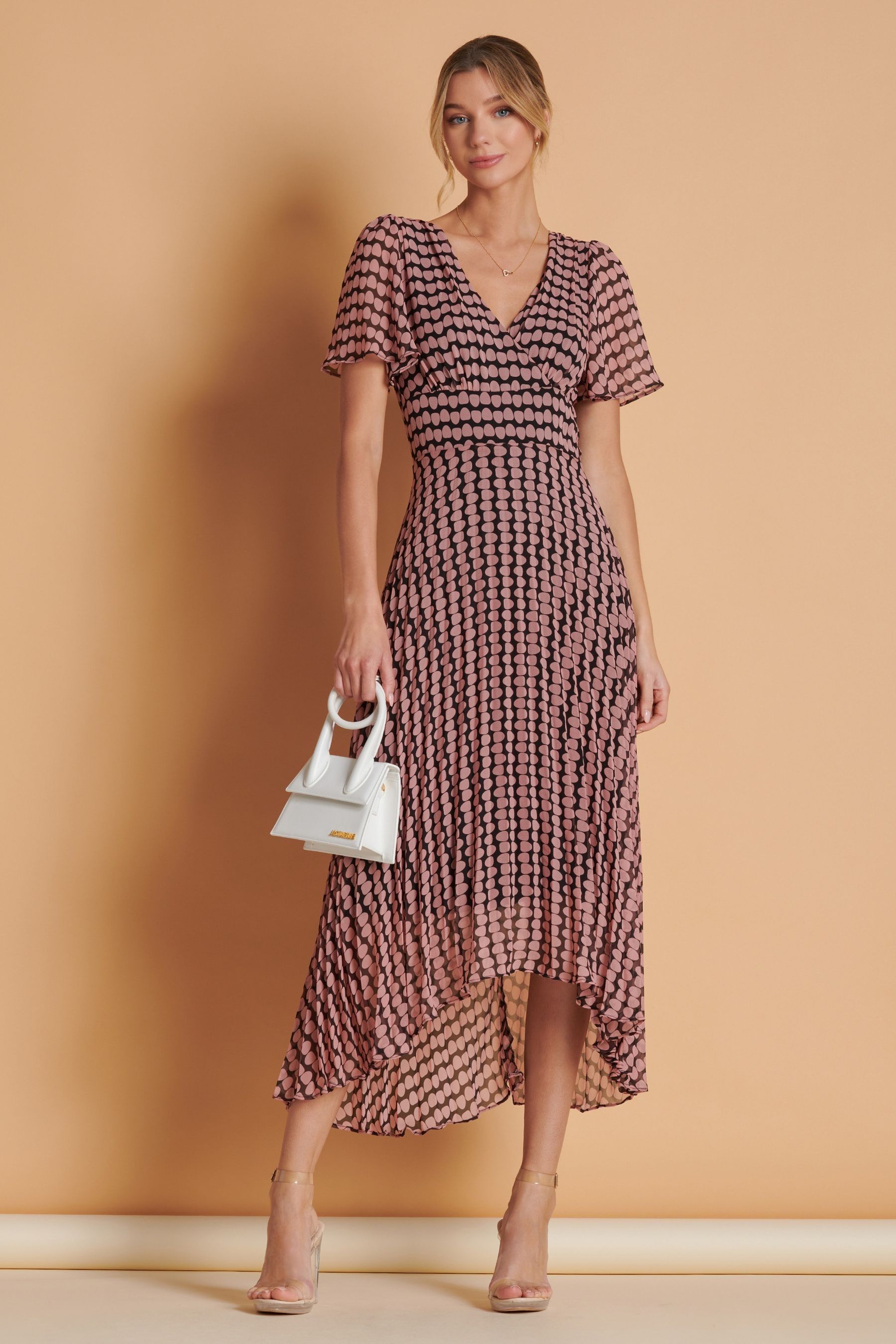 Buy Jolie Moi Pink Spot Pleated Dip Hem Chiffon Maxi Dress from Next Austria