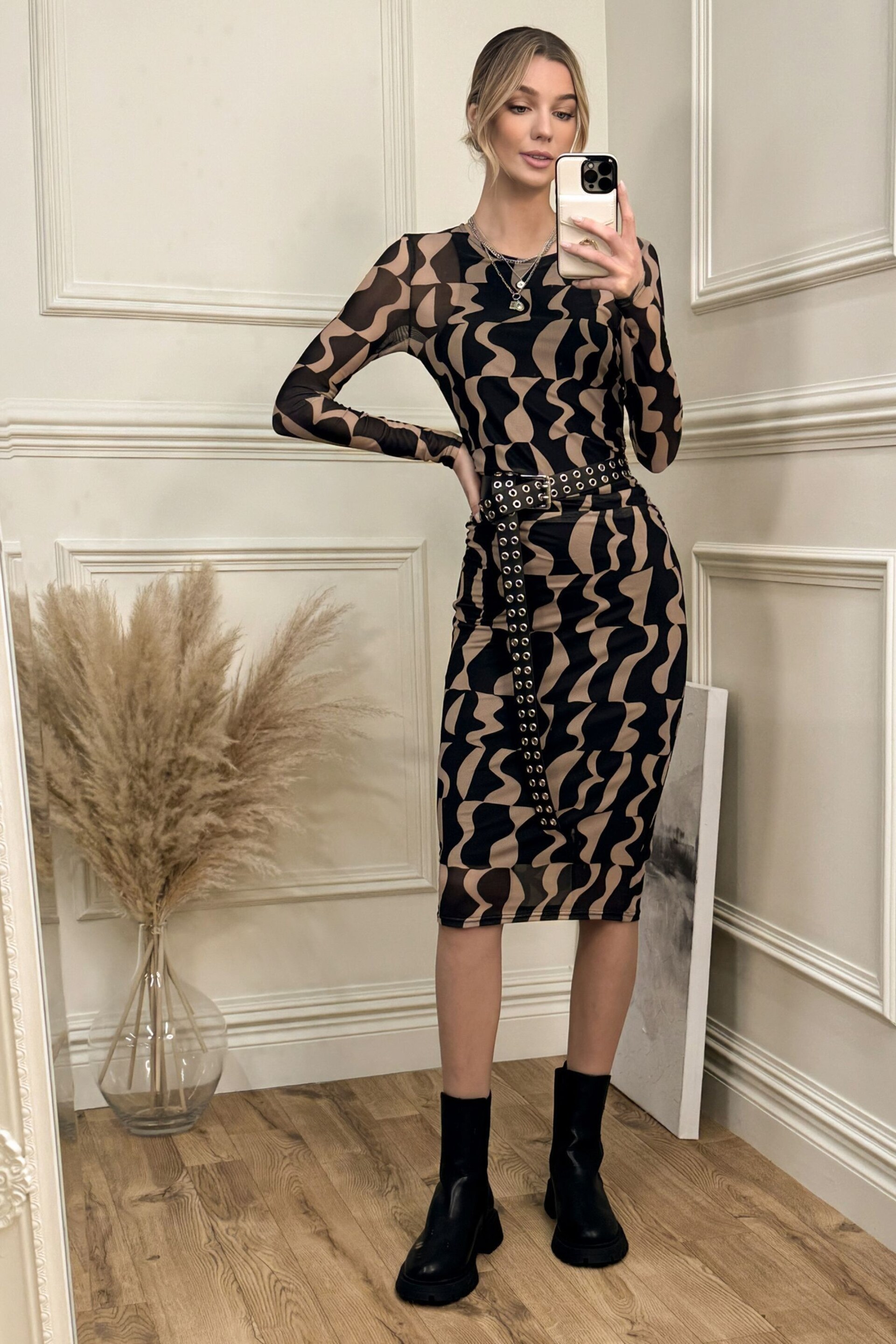 Jolie Moi Black/Brown Print Long Sleeve Mesh Bodycon Dress - Image 1 of 6
