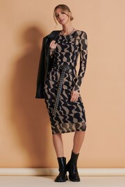 Jolie Moi Black/Brown Print Long Sleeve Mesh Bodycon Dress - Image 2 of 6