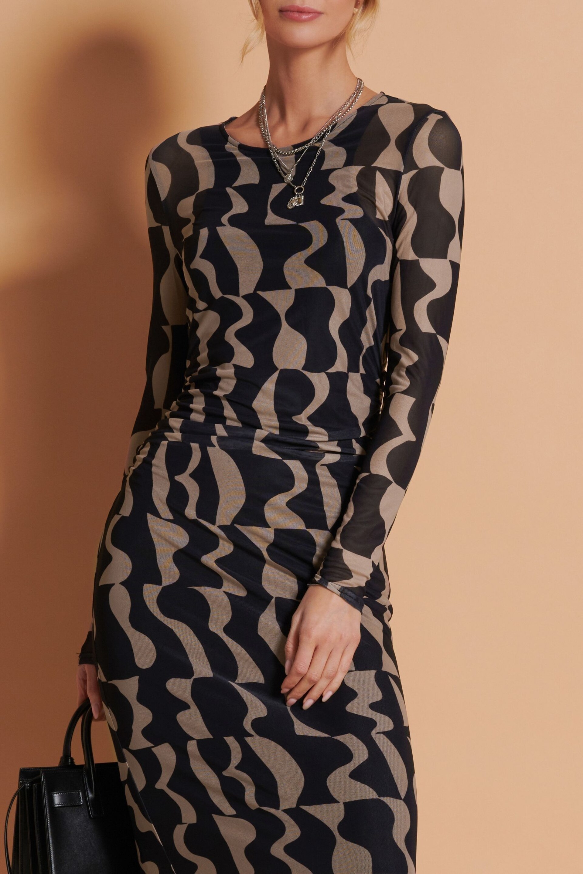 Jolie Moi Black/Brown Print Long Sleeve Mesh Bodycon Dress - Image 6 of 6