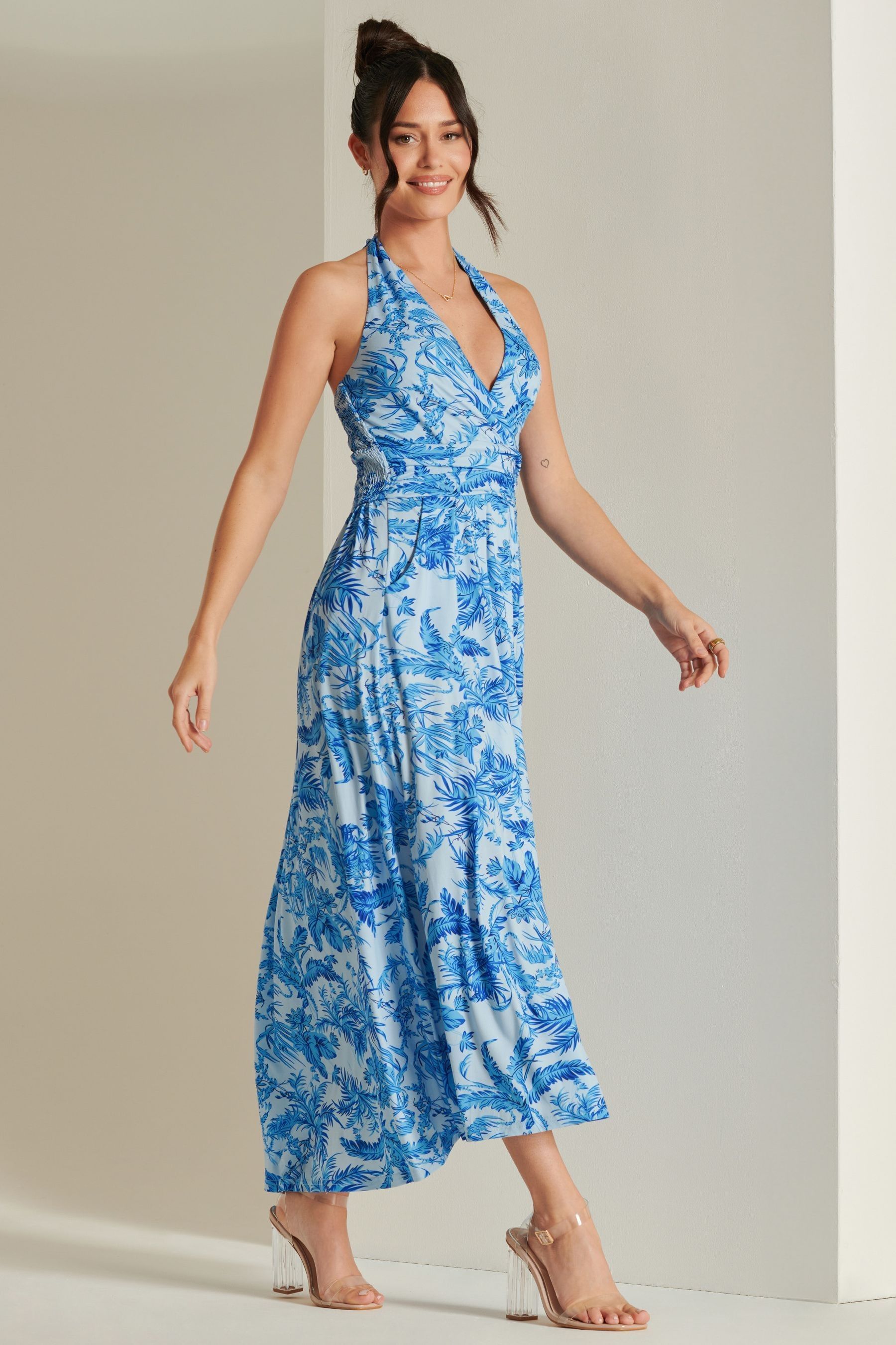 Jolie Moi Blue Plunge Neck Shirred Back Maxi Dress 4 Womens