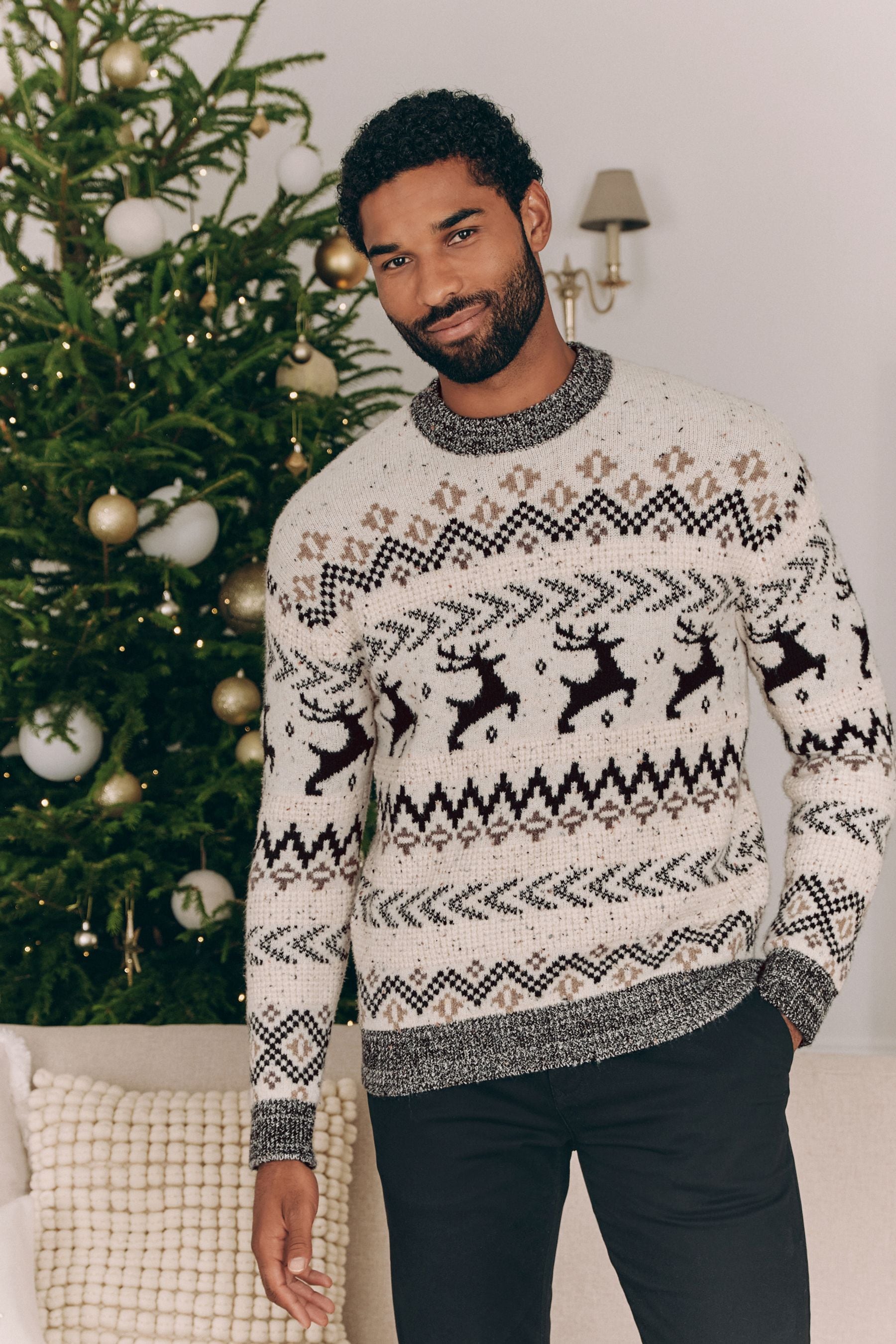 Buy Black White Crew Neck Matching Family Mens Christmas Fairisle Pattern Stag Jumper from the Next UK online shop