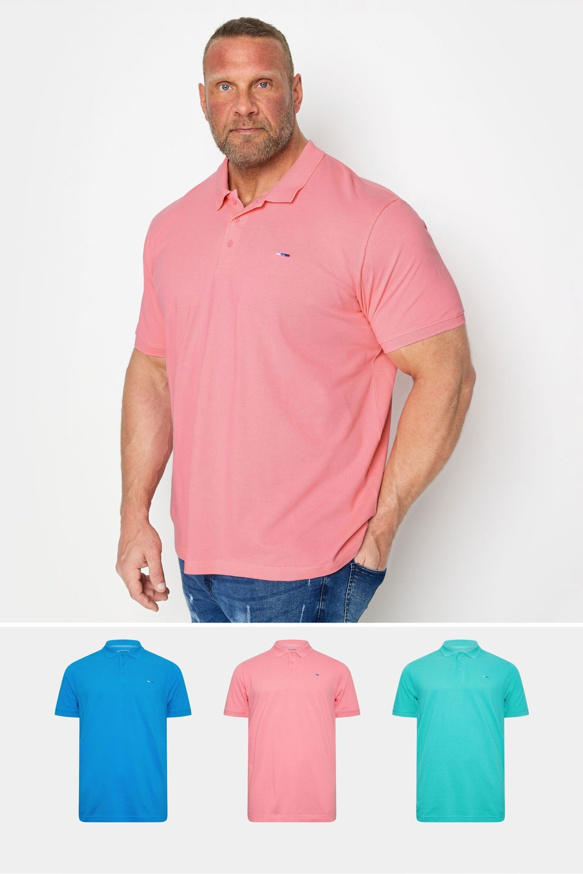 BadRhino Big & Tall Blue/Pink/Teal 3 Pack Polo Shirts - Image 1 of 7