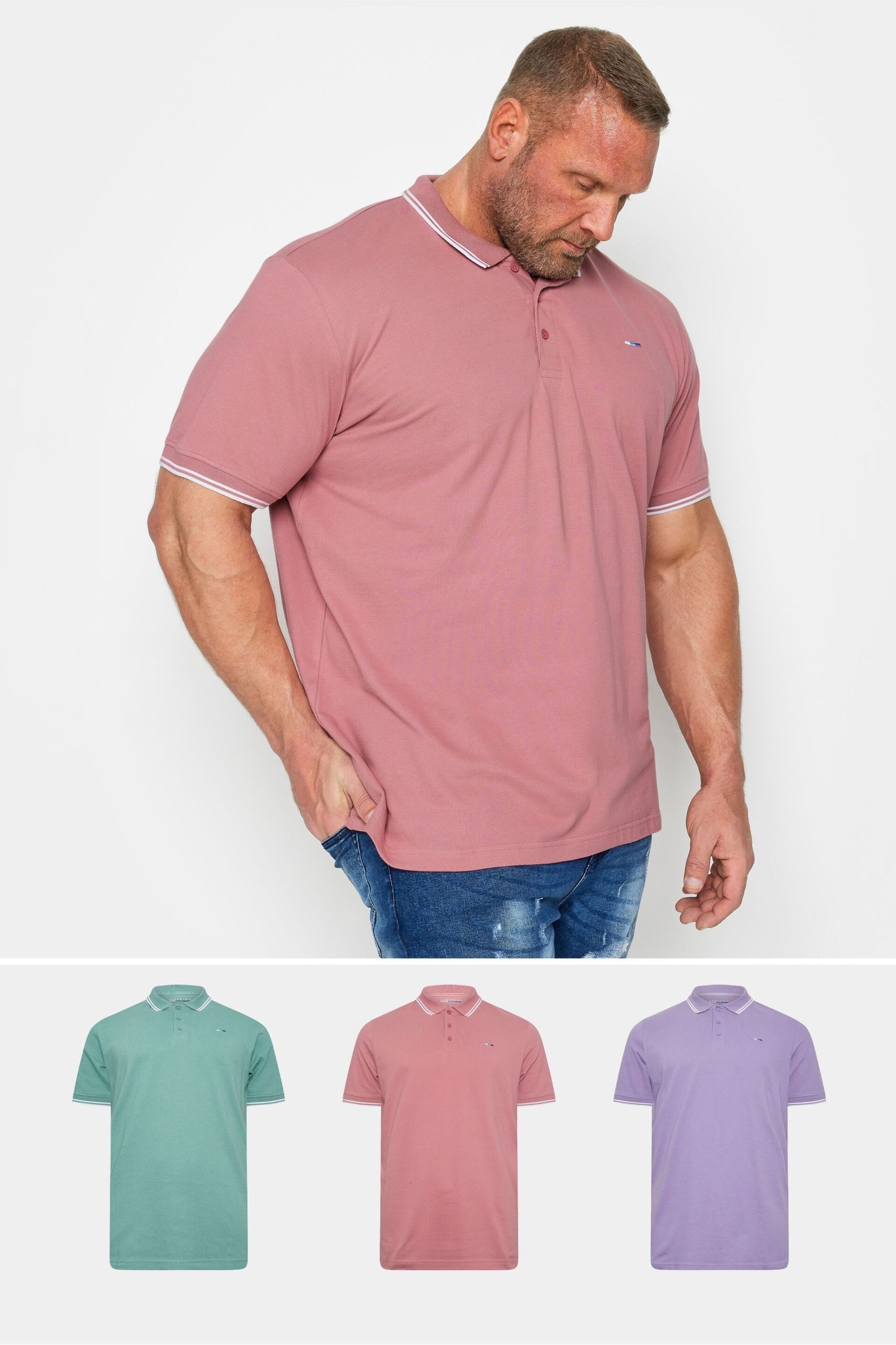BadRhino Big & Tall Mineral Blue/Rose Pink/Violet Purple 3 Pack Tipped Polo Shirts - Image 1 of 6