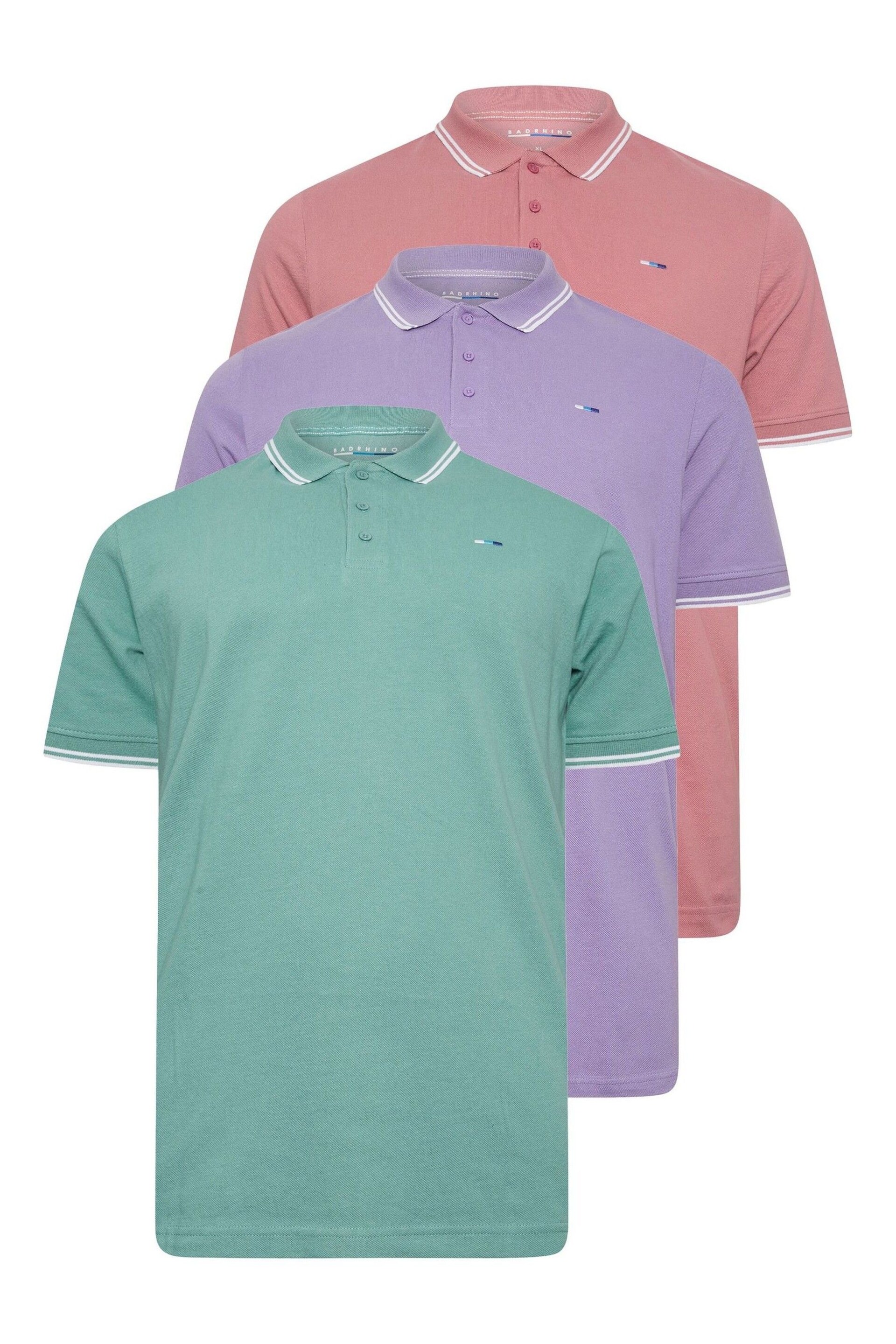 BadRhino Big & Tall Mineral Blue/Rose Pink/Violet Purple 3 Pack Tipped Polo Shirts - Image 4 of 7
