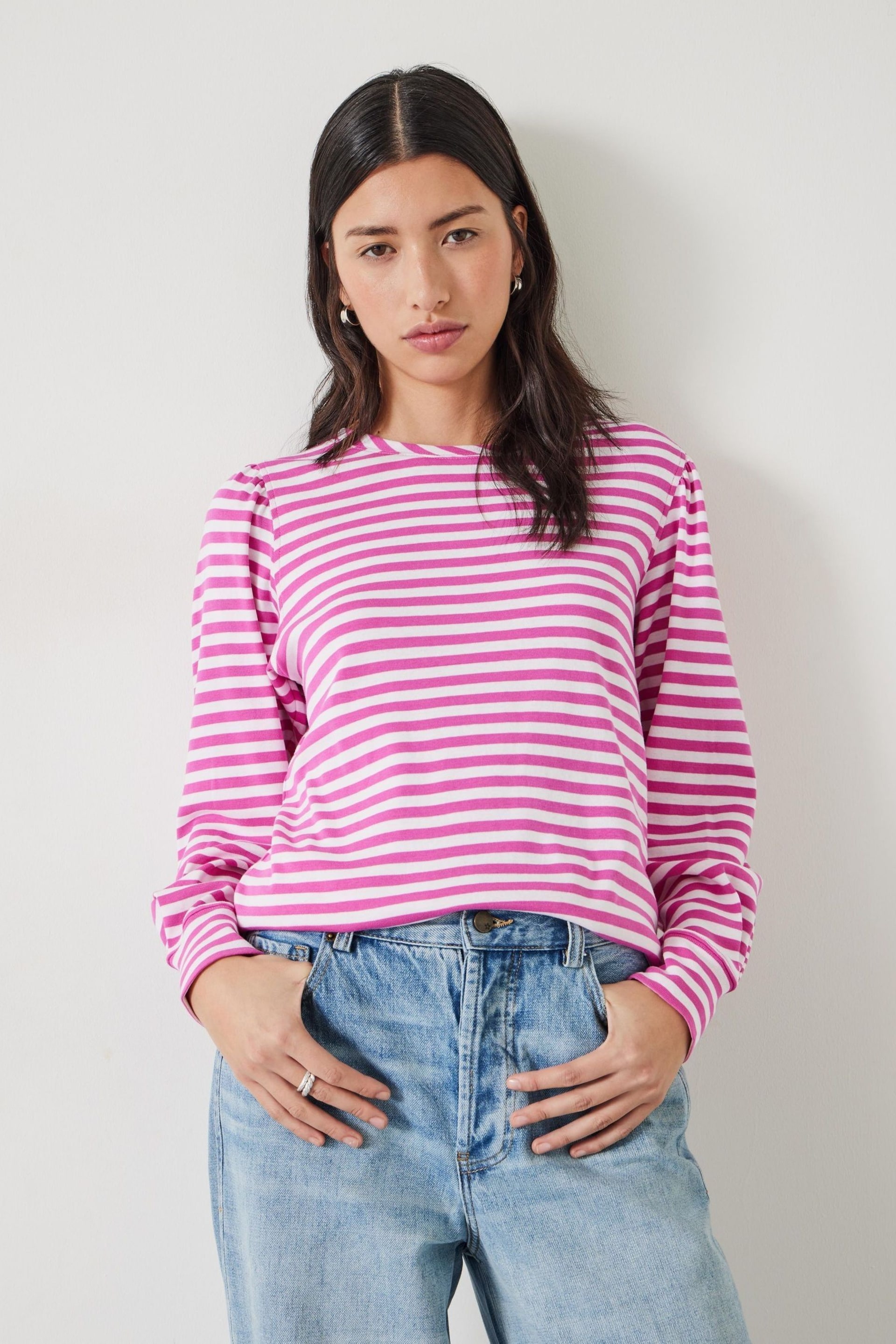 Hush Pink Stripe Emily Puff Sleeve Sweatshirt - Image 1 of 5
