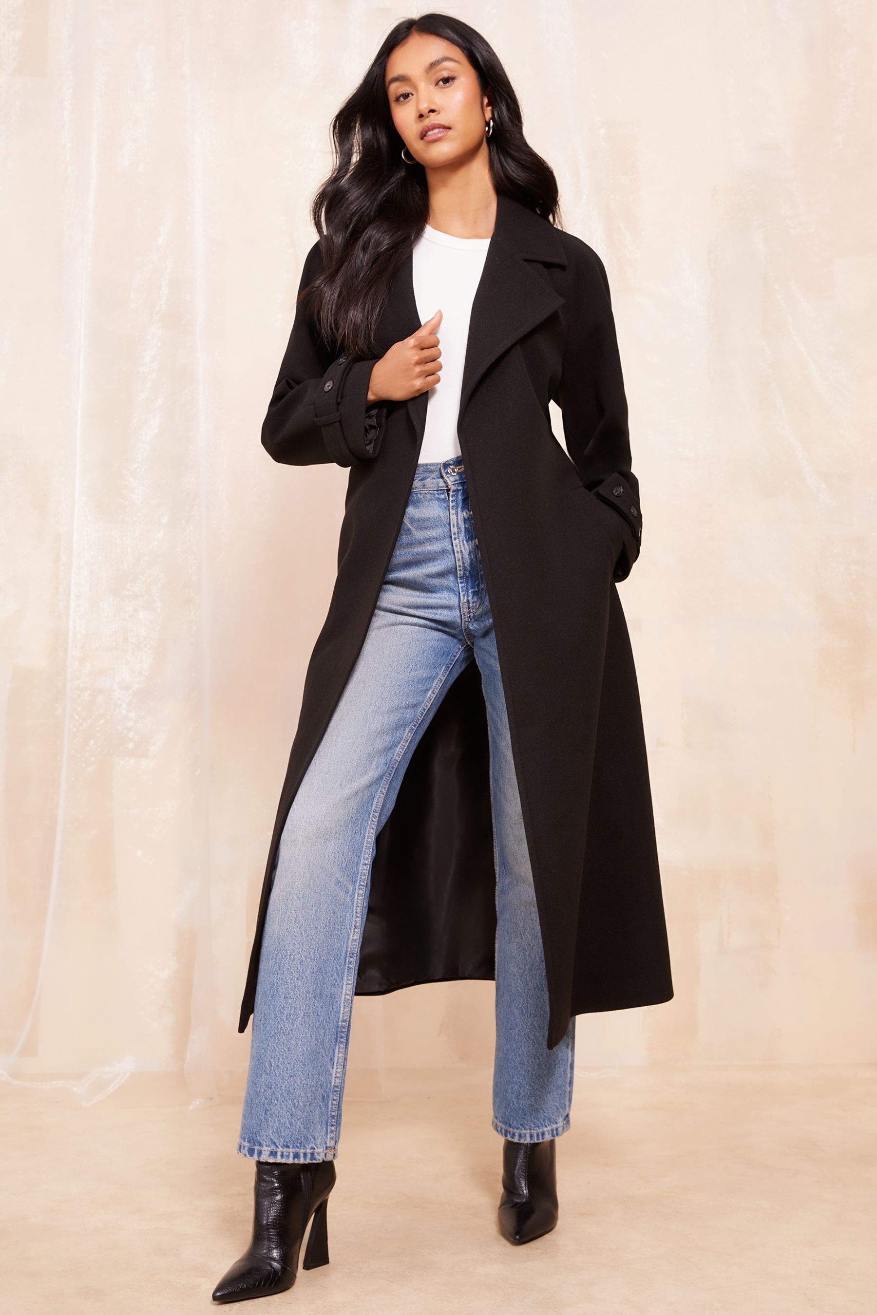Friends Like These Black Petite Belted Wrap Coat