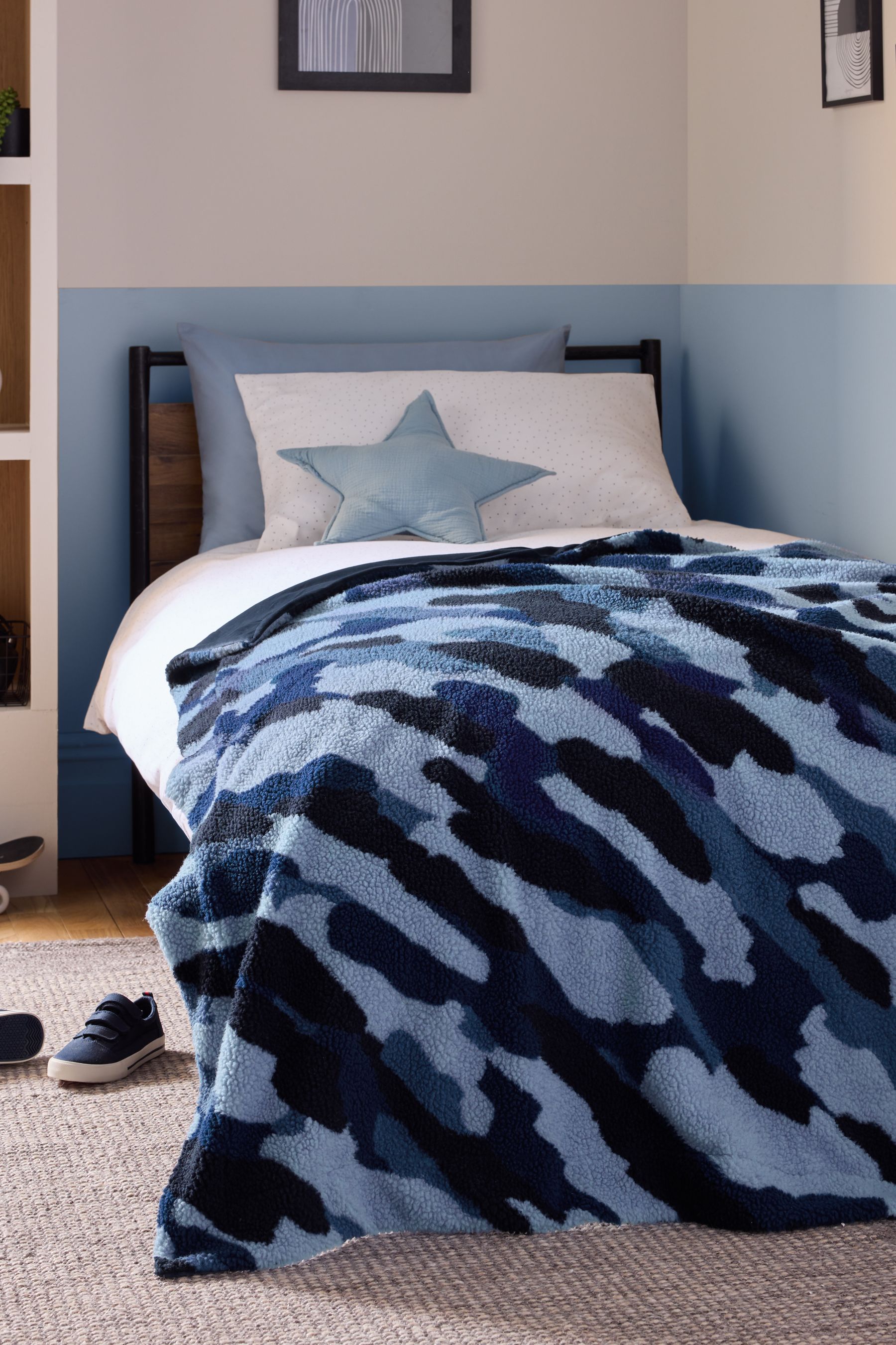 Buy Blue Camo Borg Super Soft Fleece Throw Blanket from Next Luxembourg