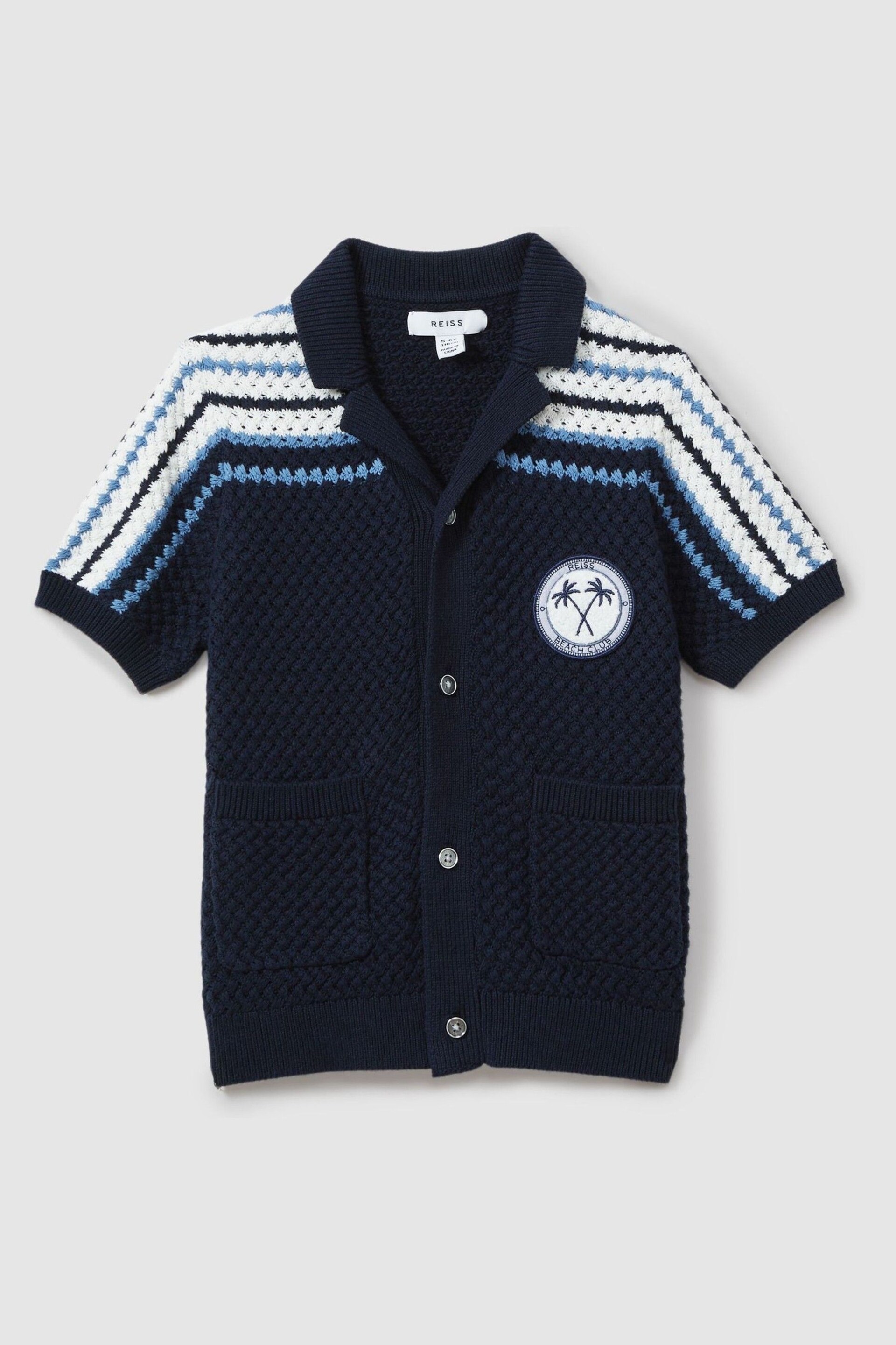 Reiss Navy Sandy Teen Knitted Cotton Cuban Collar Shirt - Image 1 of 5