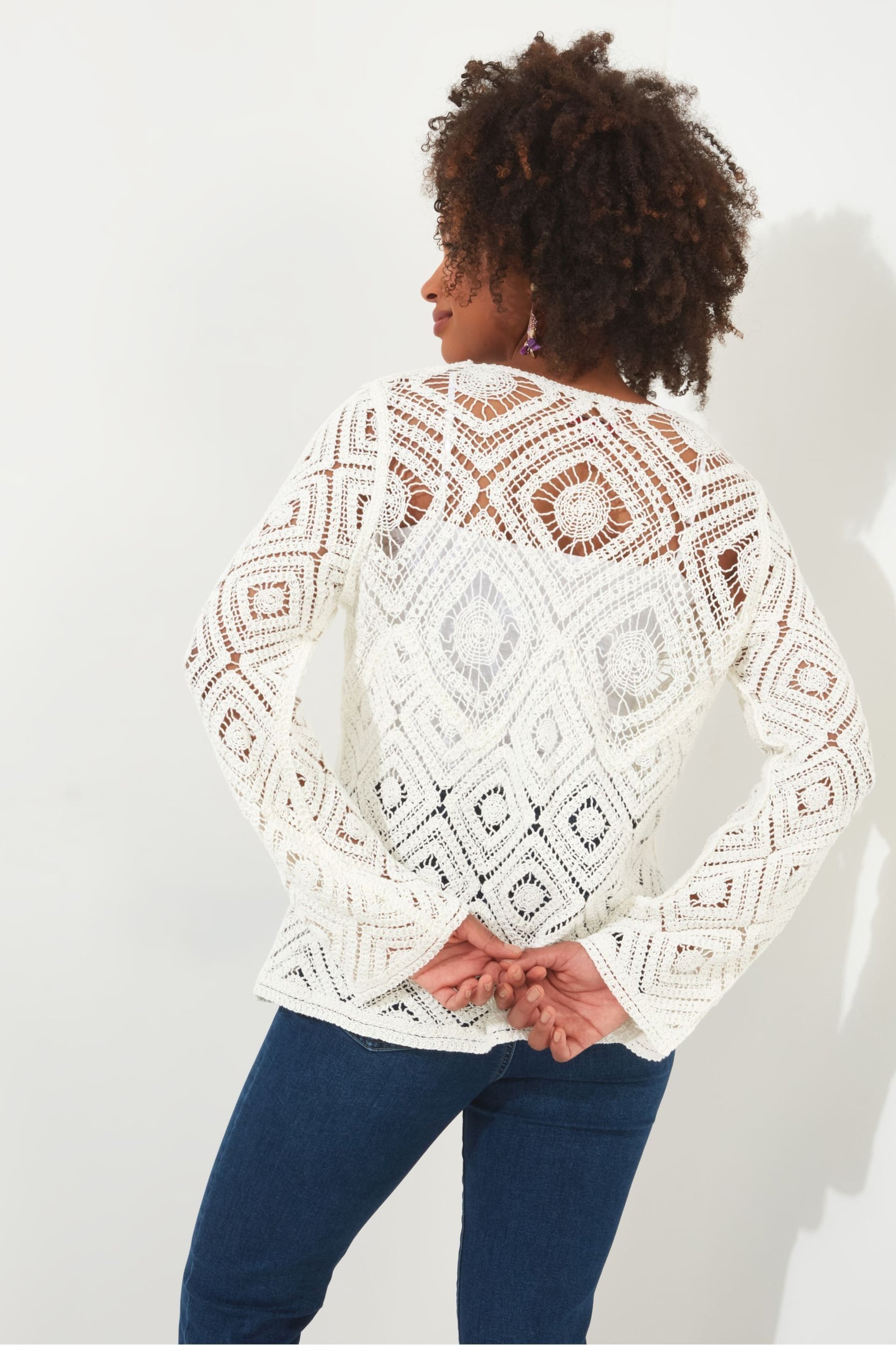 Joe Browns White Crochet Flared Sleeve Cardigan - Image 2 of 5