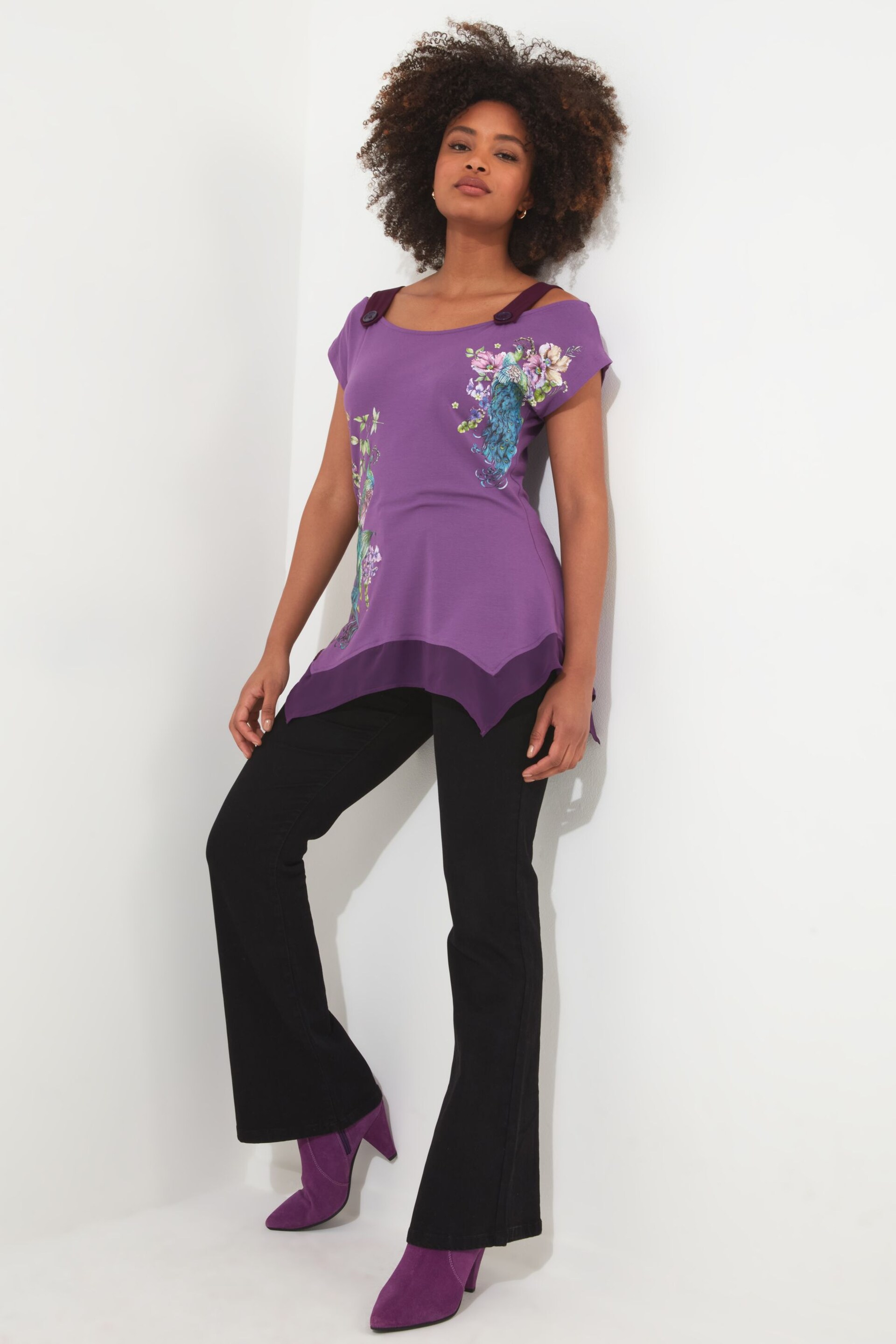 Joe Browns Purple Peacock Graphic Jersey Top - Image 4 of 5