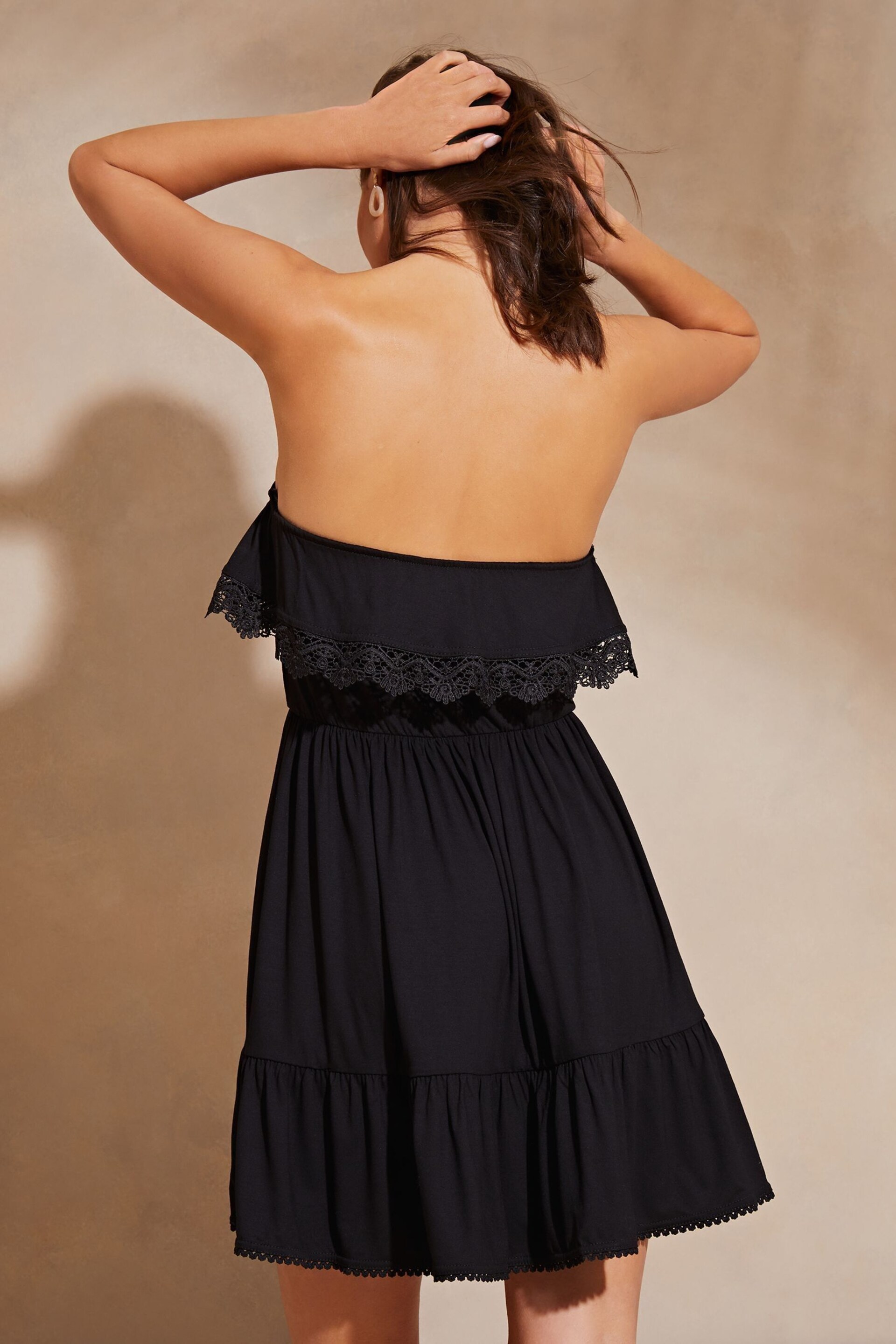 Lipsy Black Petite Bandeau Ruffle Summer Holiday Jersey Mini Dress - Image 2 of 4