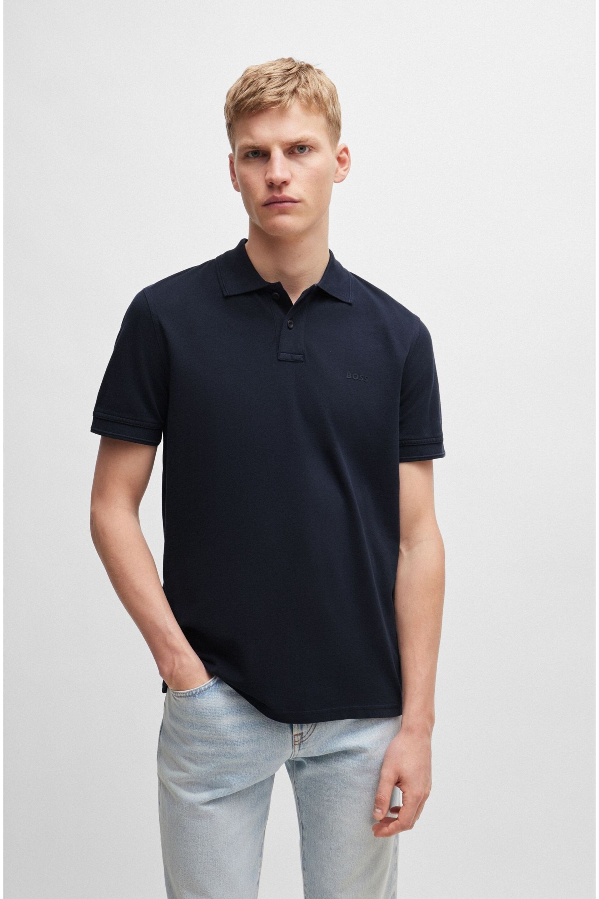 BOSS Blue Cotton Pique Polo Shirt - Image 1 of 5